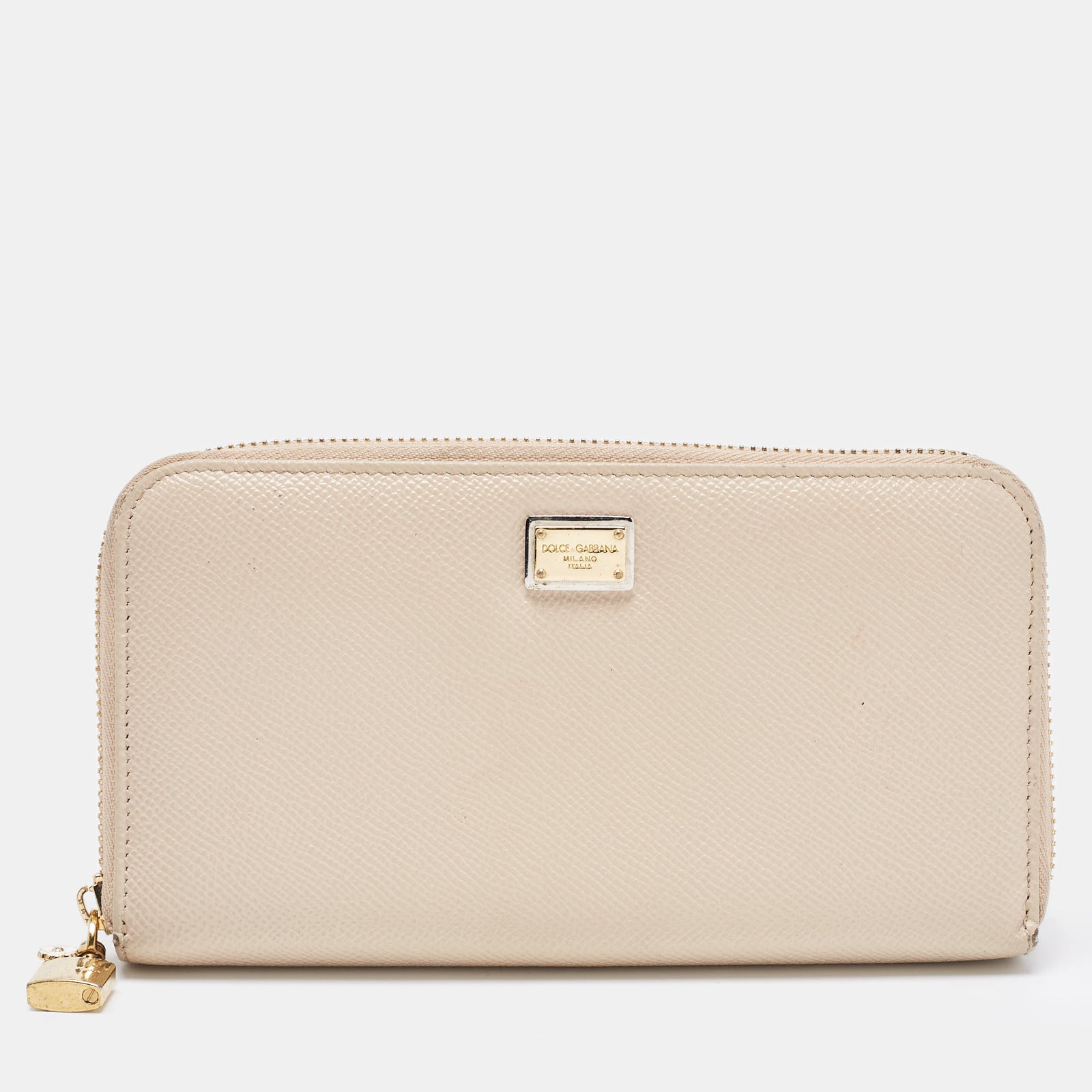 Dolce & Gabbana Beige Leather Lock Zip Around Continental Wallet