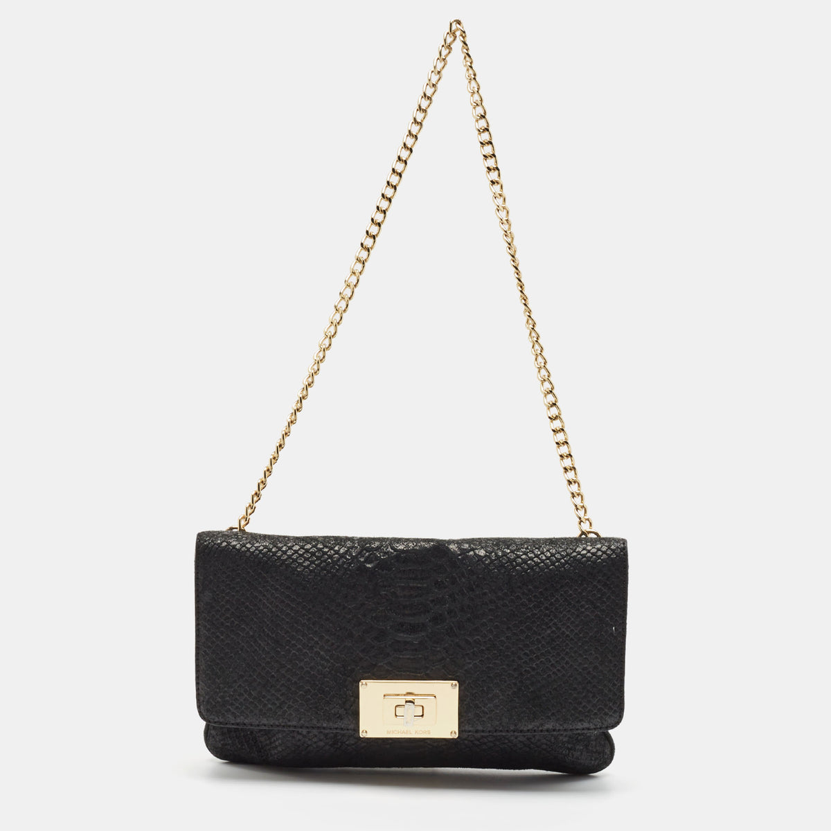 Michael Kors Black Python Embossed Leather Turnlock Chain Bag