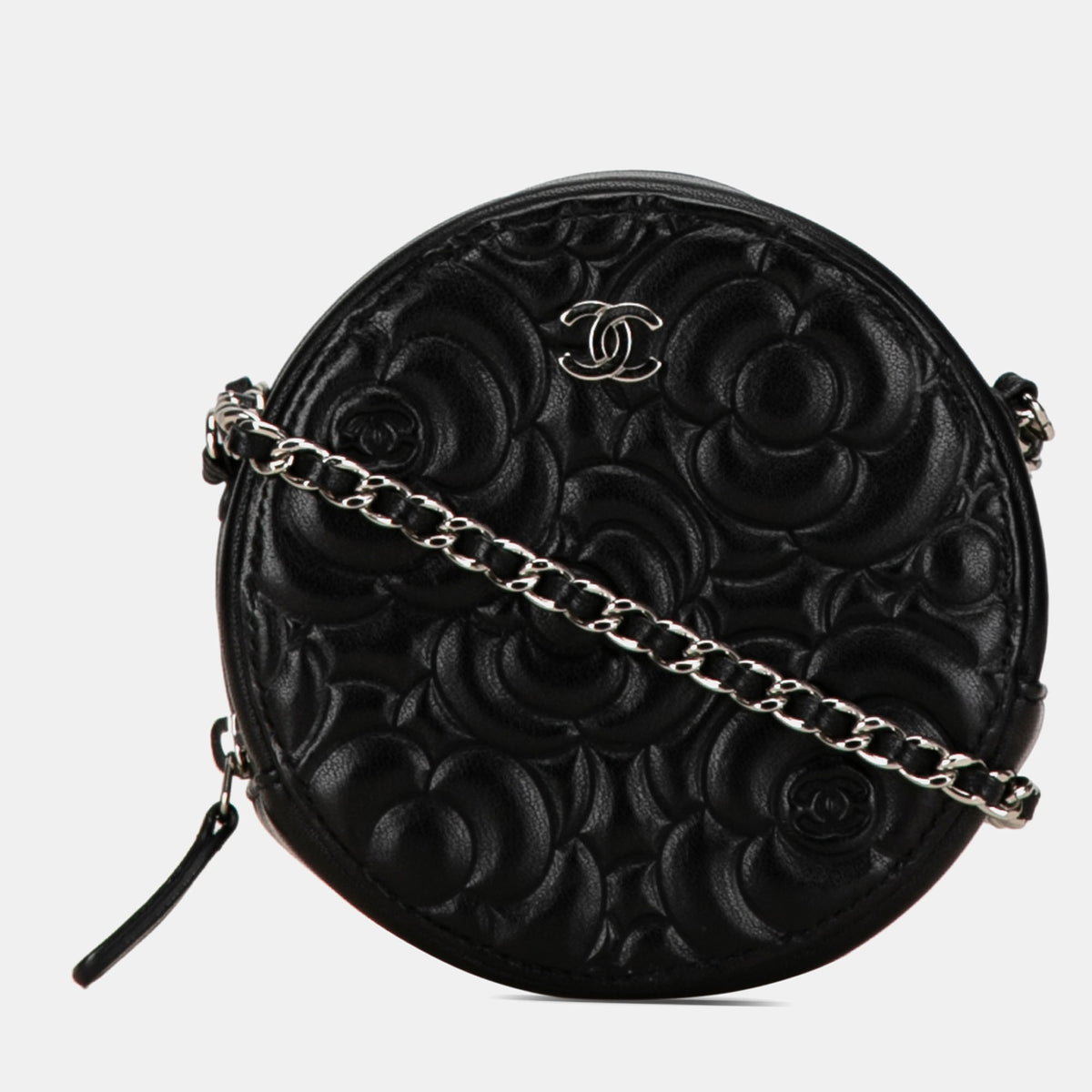 Chanel Goatskin Camellia Round Clutch with Chain
