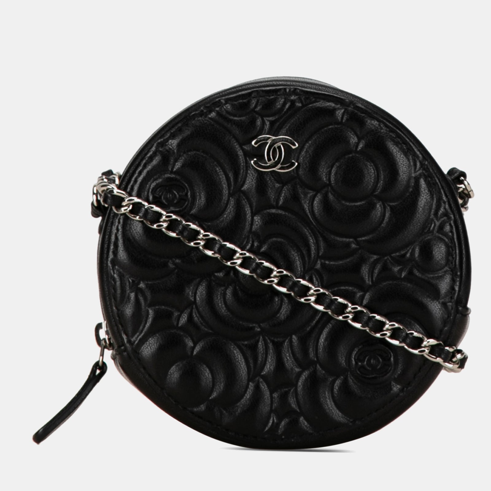 Chanel Pochette ronde en cuir de chèvre avec chaîne en forme de camélia