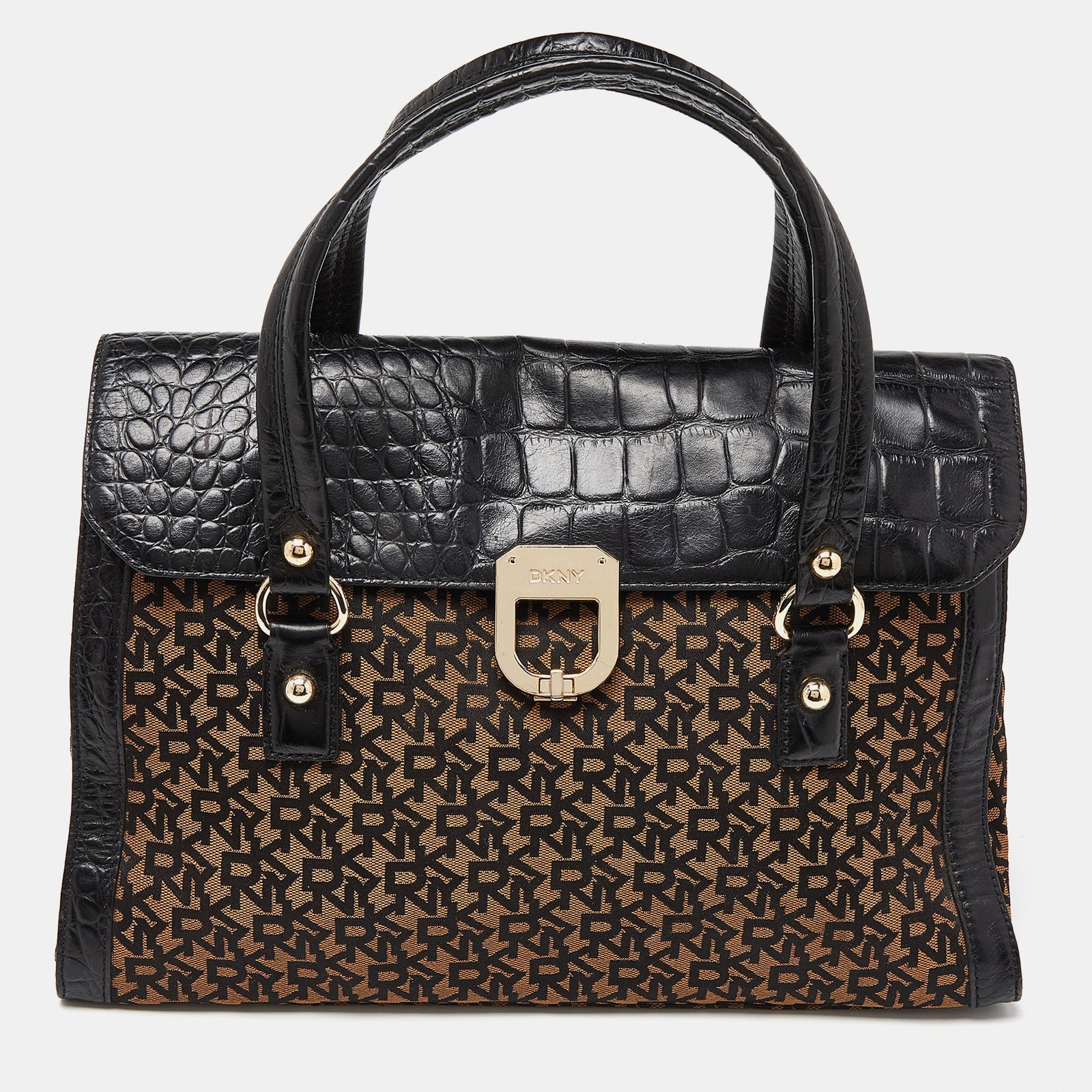 DKNY DKNY Black/Brown Monogram Canvas and Croc Embossed Leather Turnlock Flap Tote