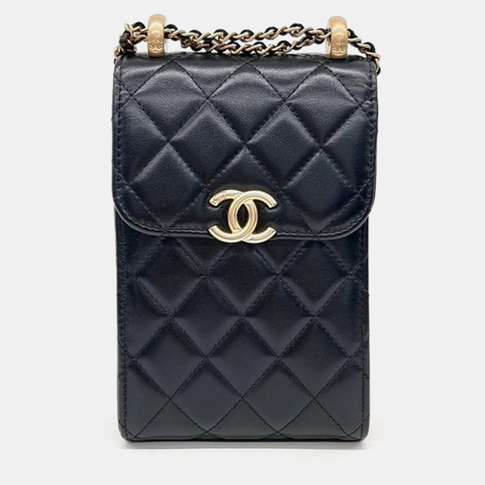 Chanel Sacoche en cuir noir avec chaîne pour téléphone portable