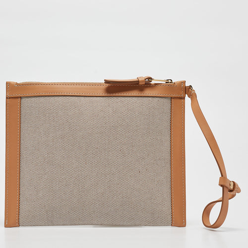 Beige/Tan Canvas and Leather Wristlet Pouch