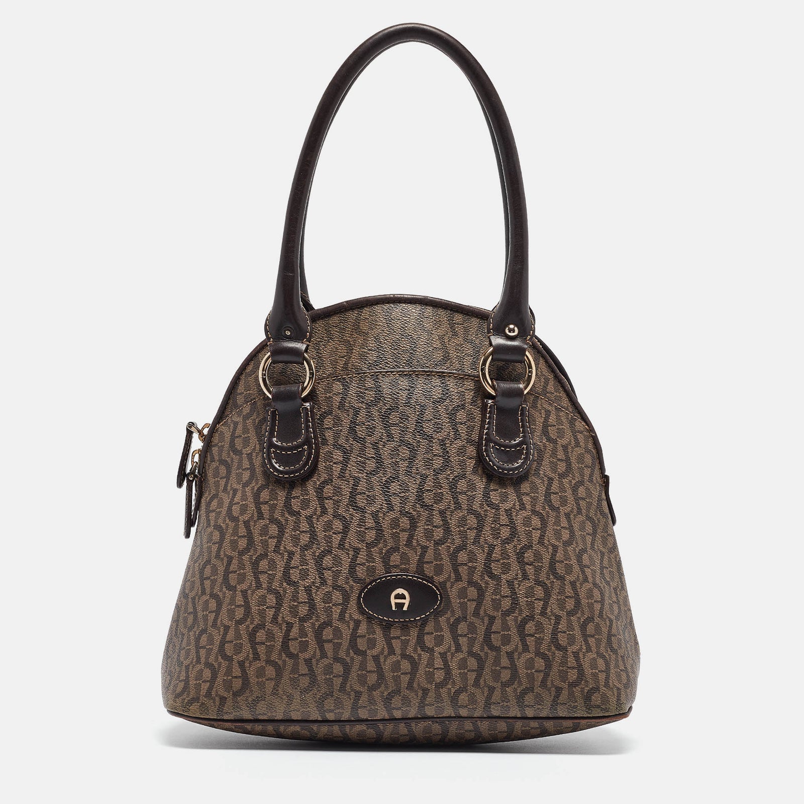 Aigner Dark Brown Monogram Coated Canvas and Leather Zip Satchel