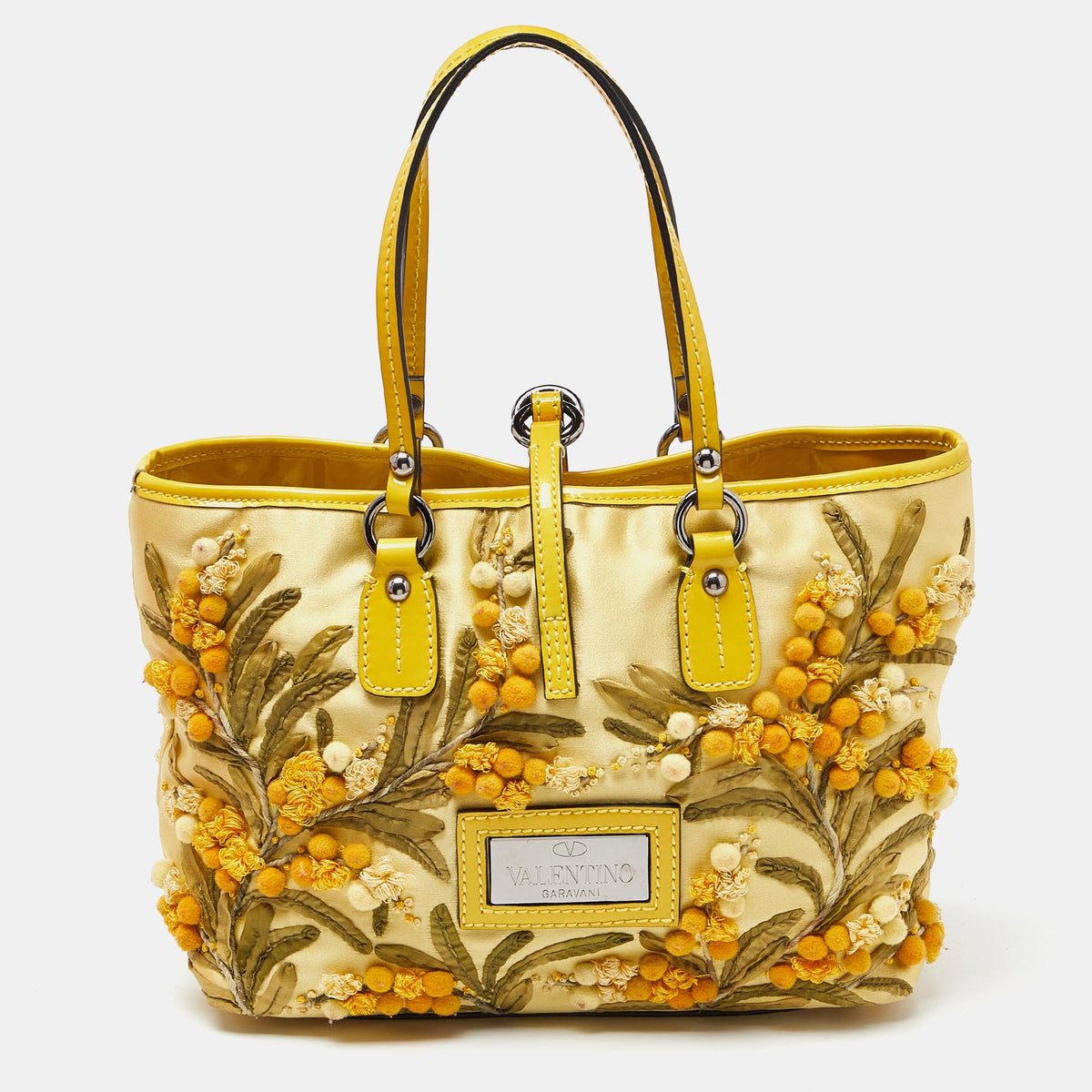 Valentino Yellow Satin and Patent Leather Applique Tote