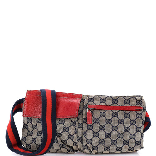 GUCCI Vintage Double Belt Bag GG Canvas with Leather