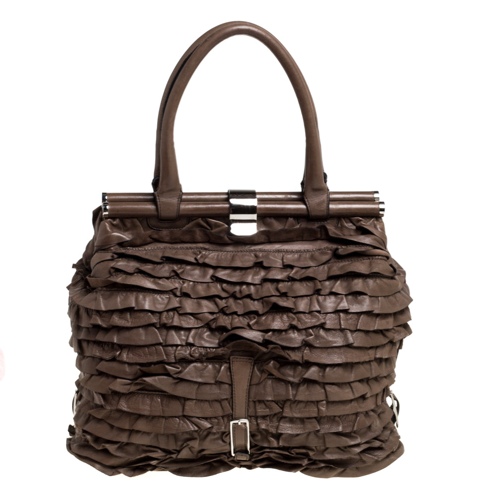 Valentino Taupe Leather Allure Ruffled Frame Bag