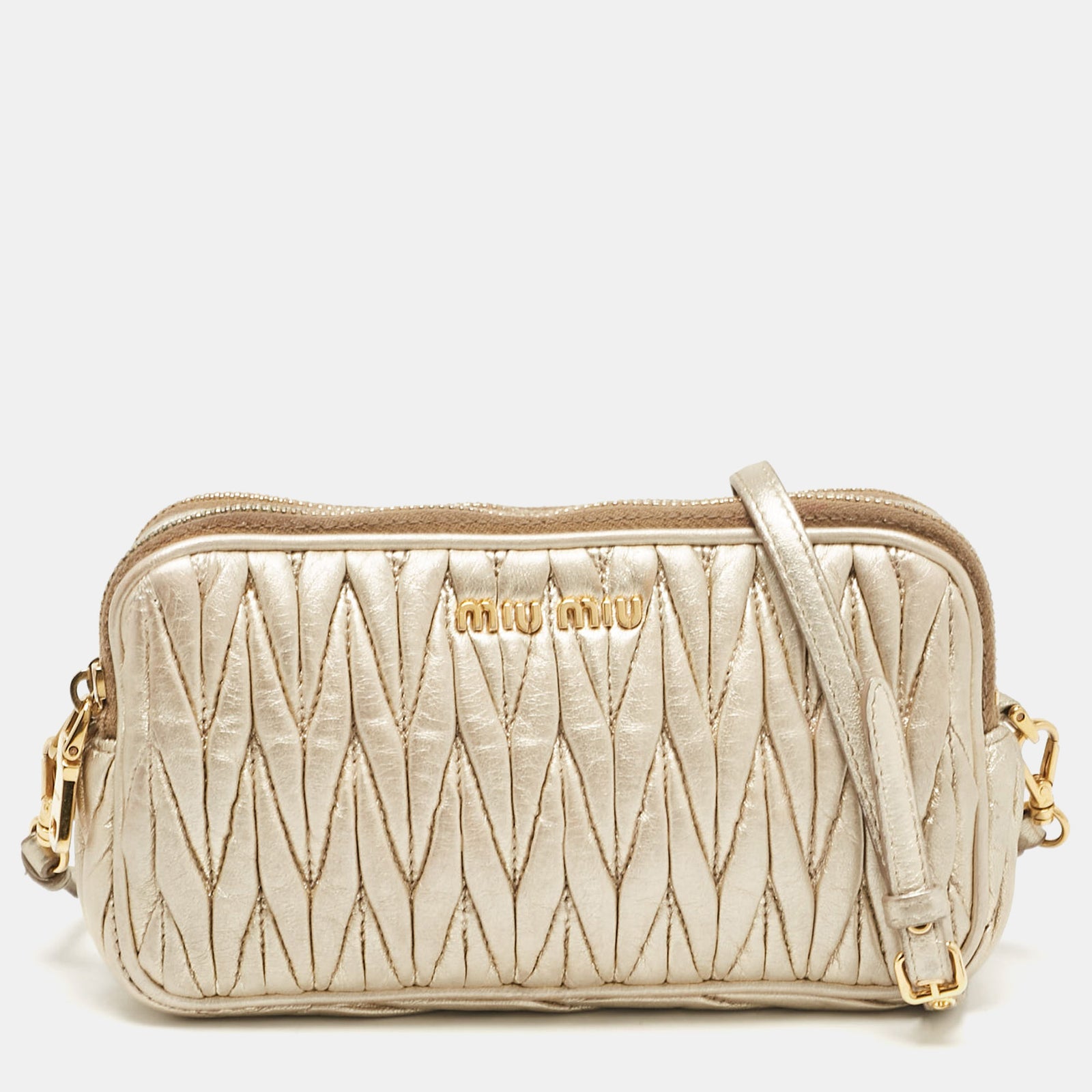 Miu Miu Gold Matelass&eacute; Leather Double Zip Crossbody Bag