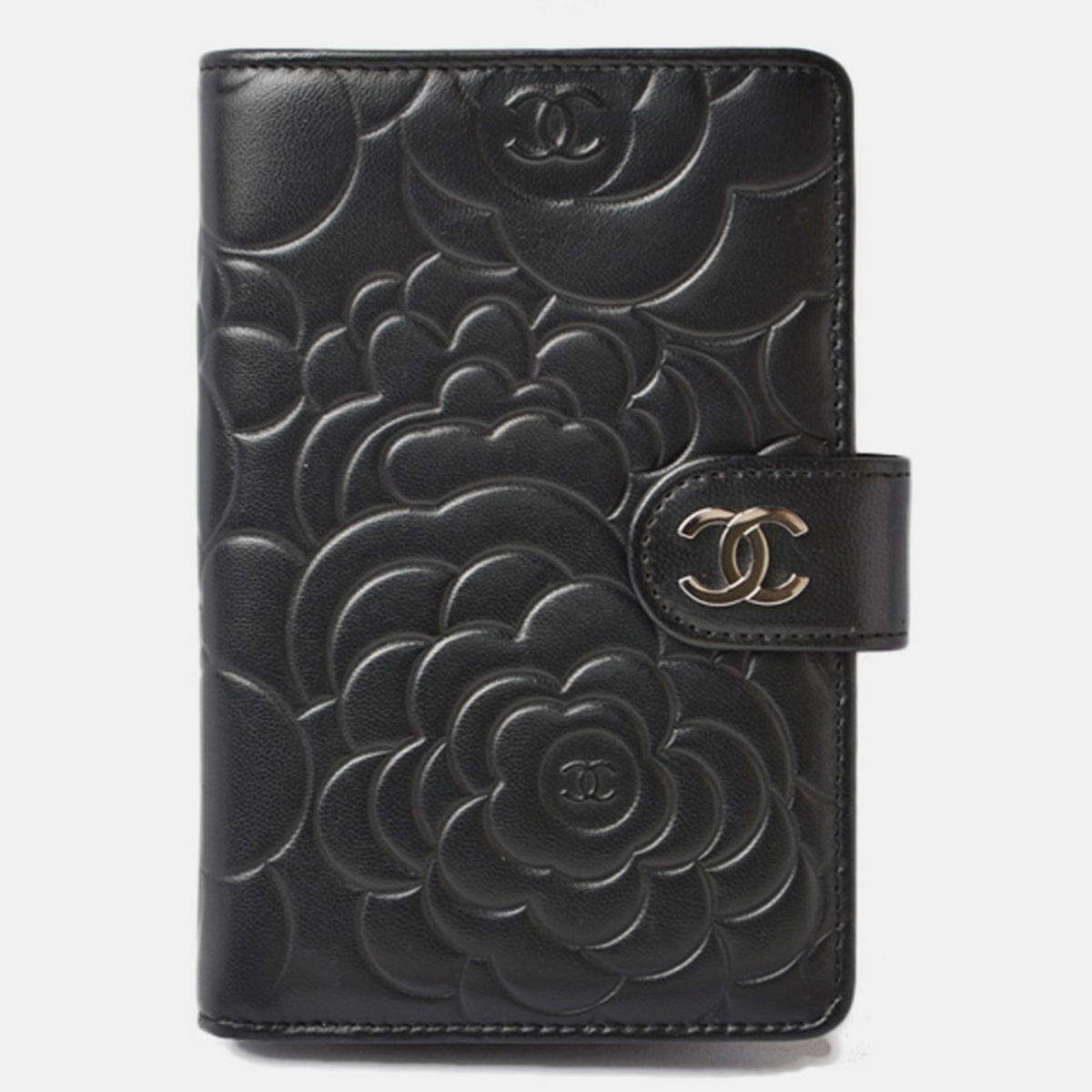 Chanel Black Leather  Camellia Lambskin Small CC French Wallet