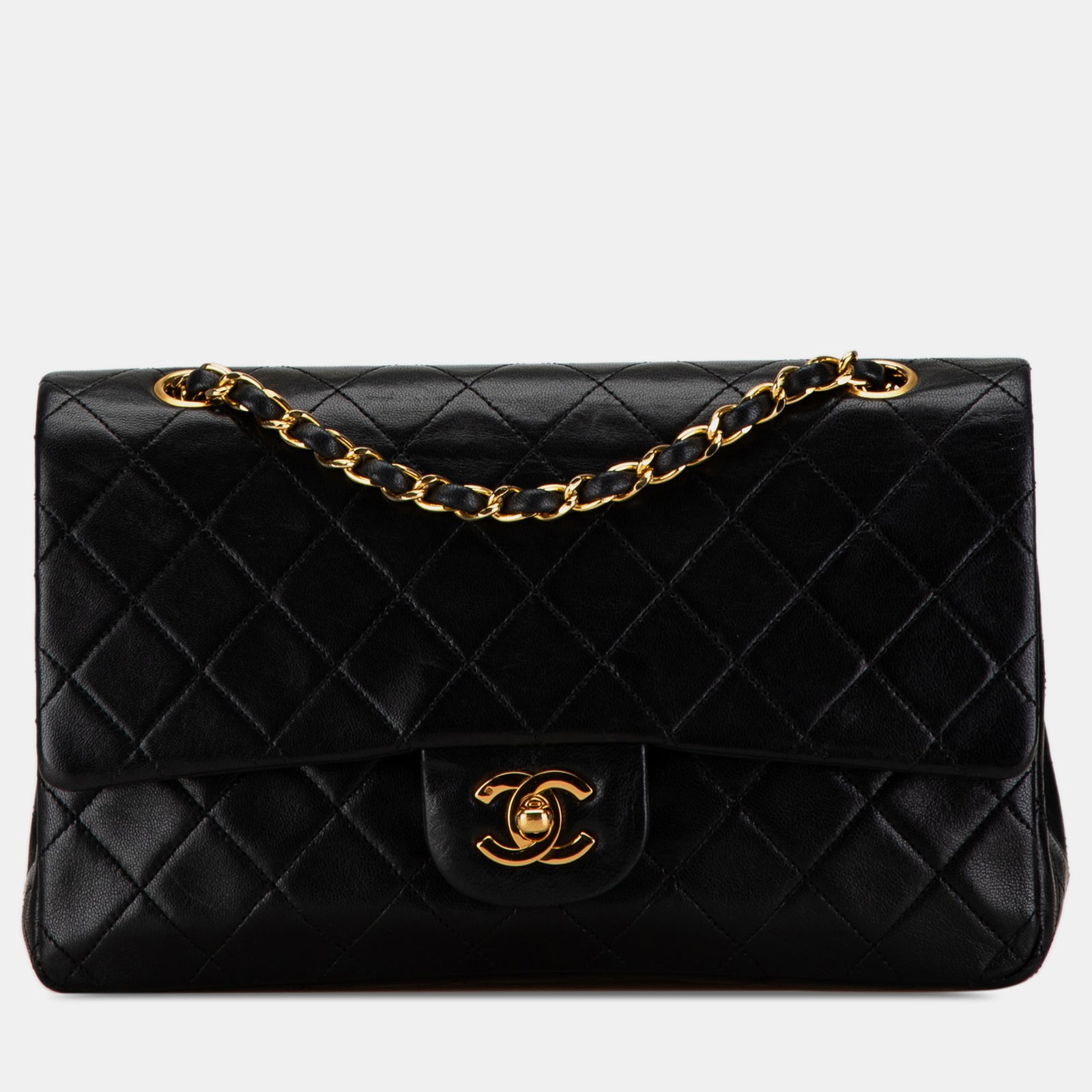 Chanel Klassische mittelgroße Tasche mit Doppelklappe aus schwarzem Lammleder