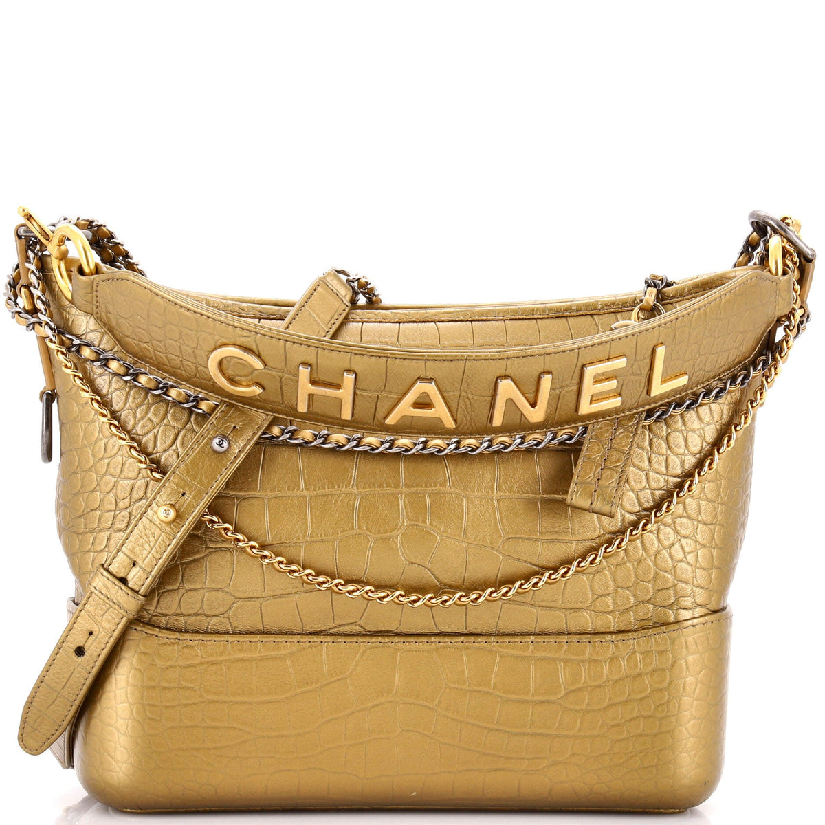 Chanel CHANEL Gabrielle Hobo with Logo Handle Crocodile Embossed Calfskin Medium