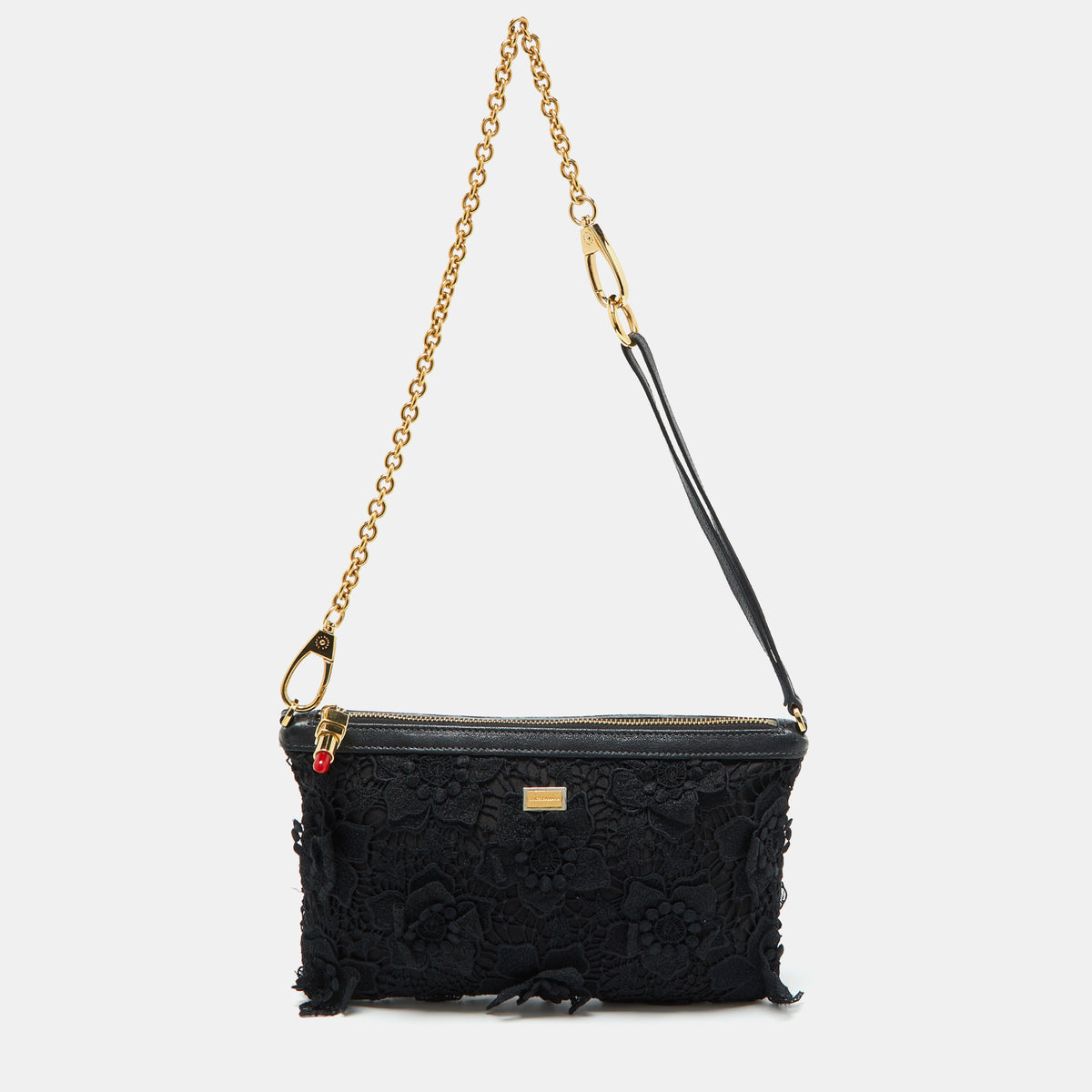 Dolce & Gabbana Black Lace and Leather Shoulder Bag