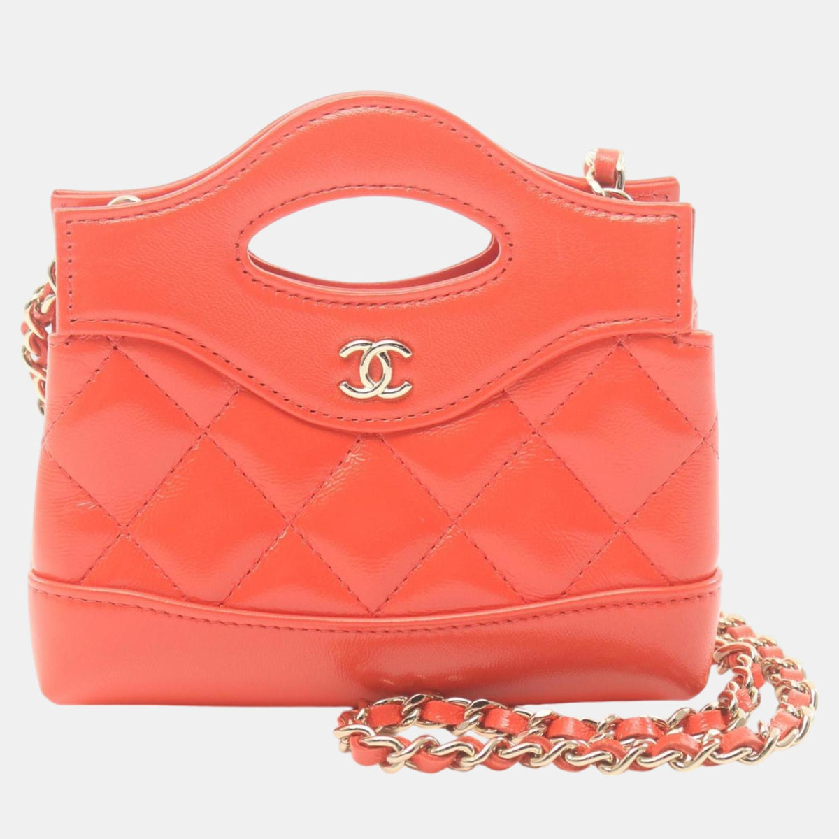 Chanel Red Shiny Lambskin Chain Clutch Shoulder Bag