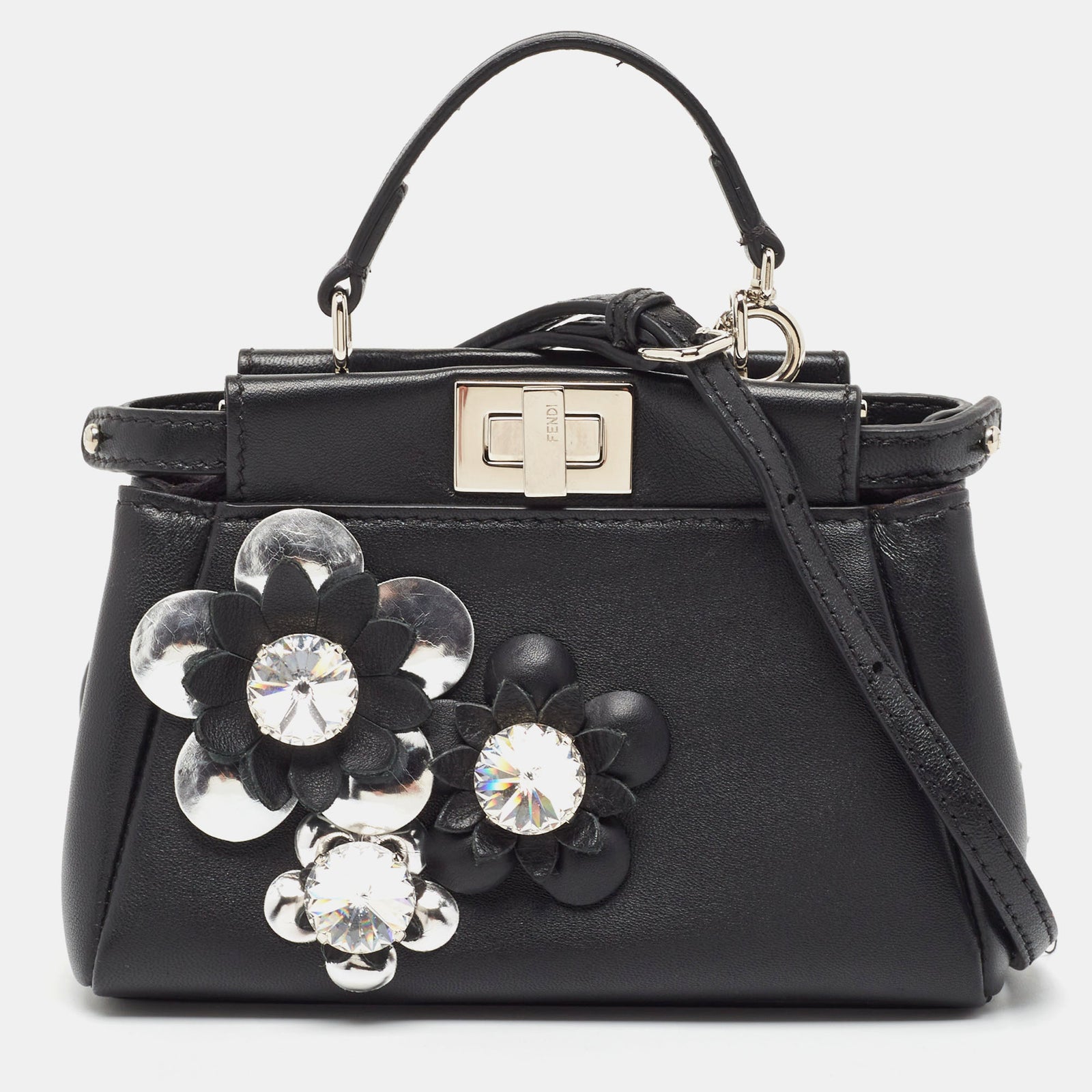 Fendi Black Leather Micro Crystal Embellished Peekaboo Crossbody Bag