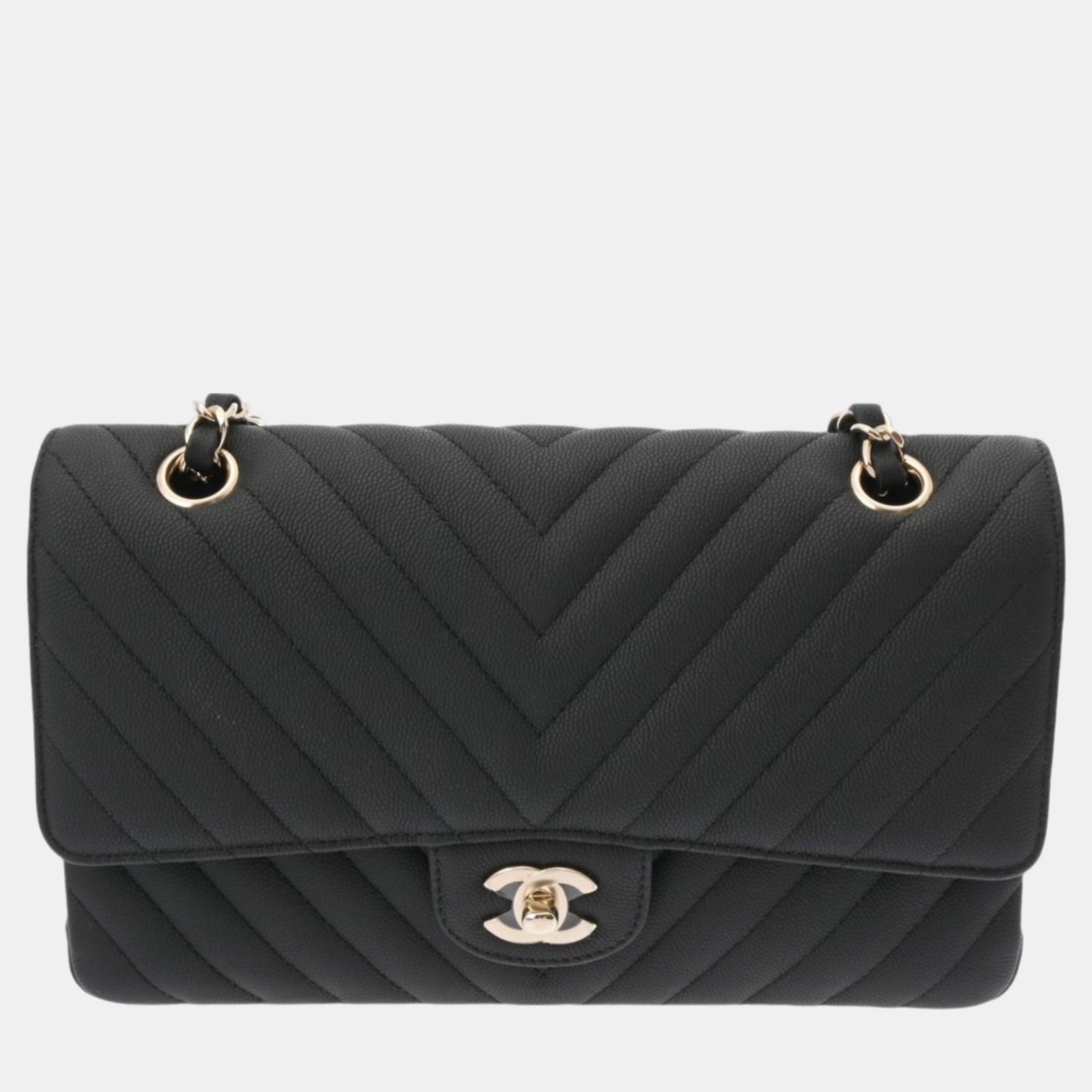 Chanel schwarze Umhängetasche aus Kaviarleder mit V-Nähten und Kette, 25 cm