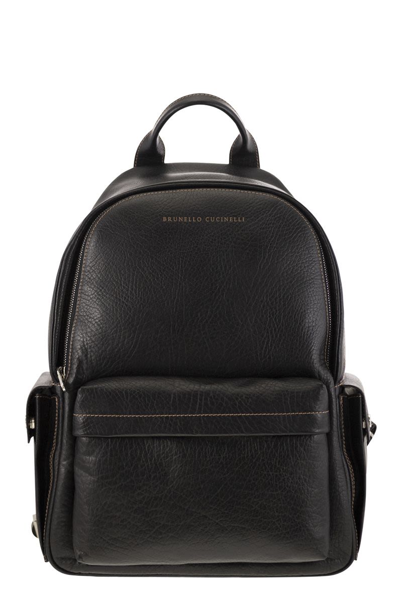 Brunello Cucinelli Men's Calfskin Backpack With Grain in Black | MBZIBU243
