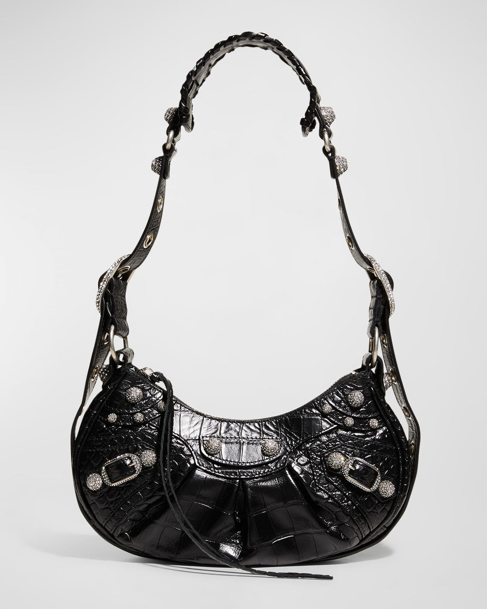 Le Cagole XS Croc-Embossed Shoulder Bag with Rhinestones