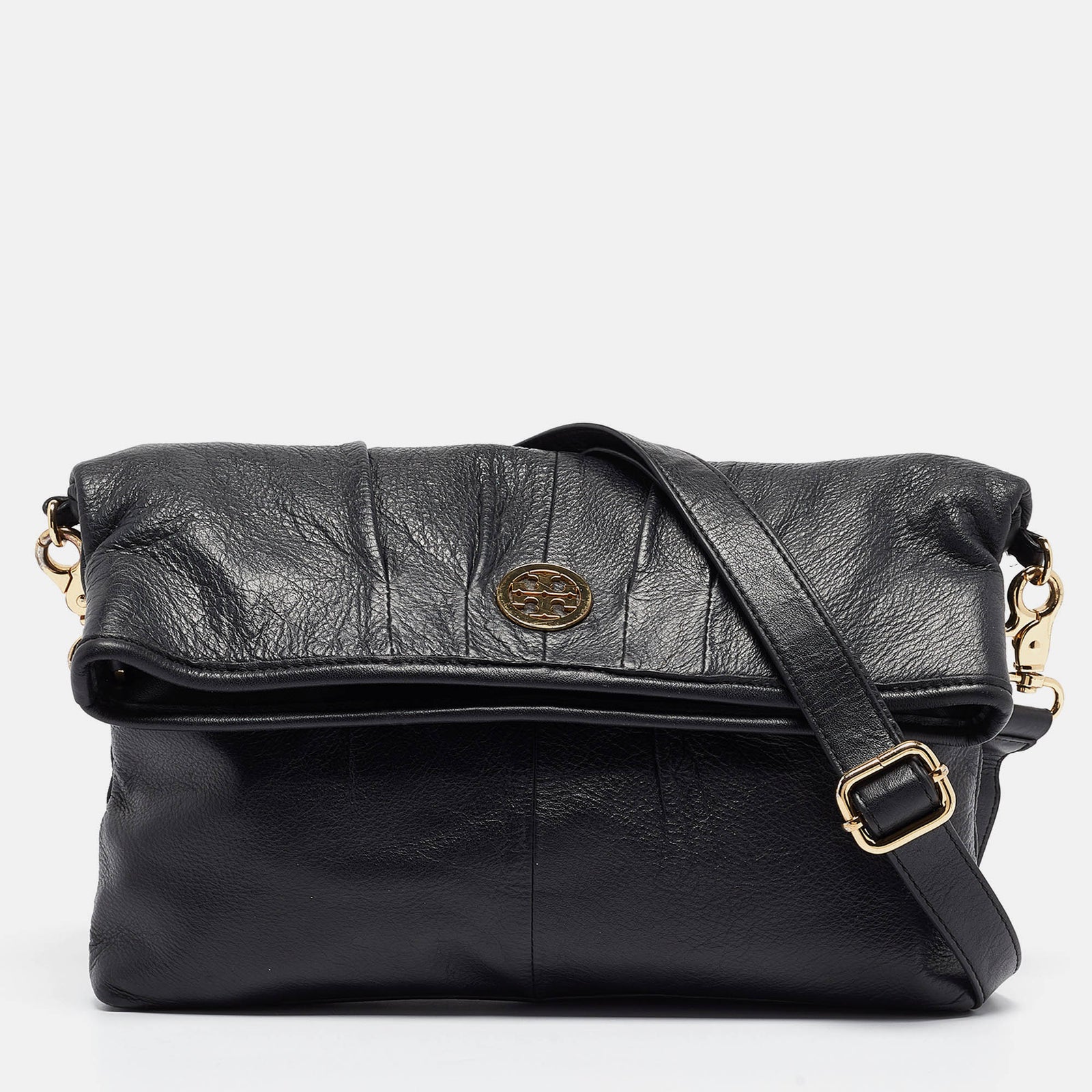 Tory Burch Black Leather Fold Over Shoulder Bag