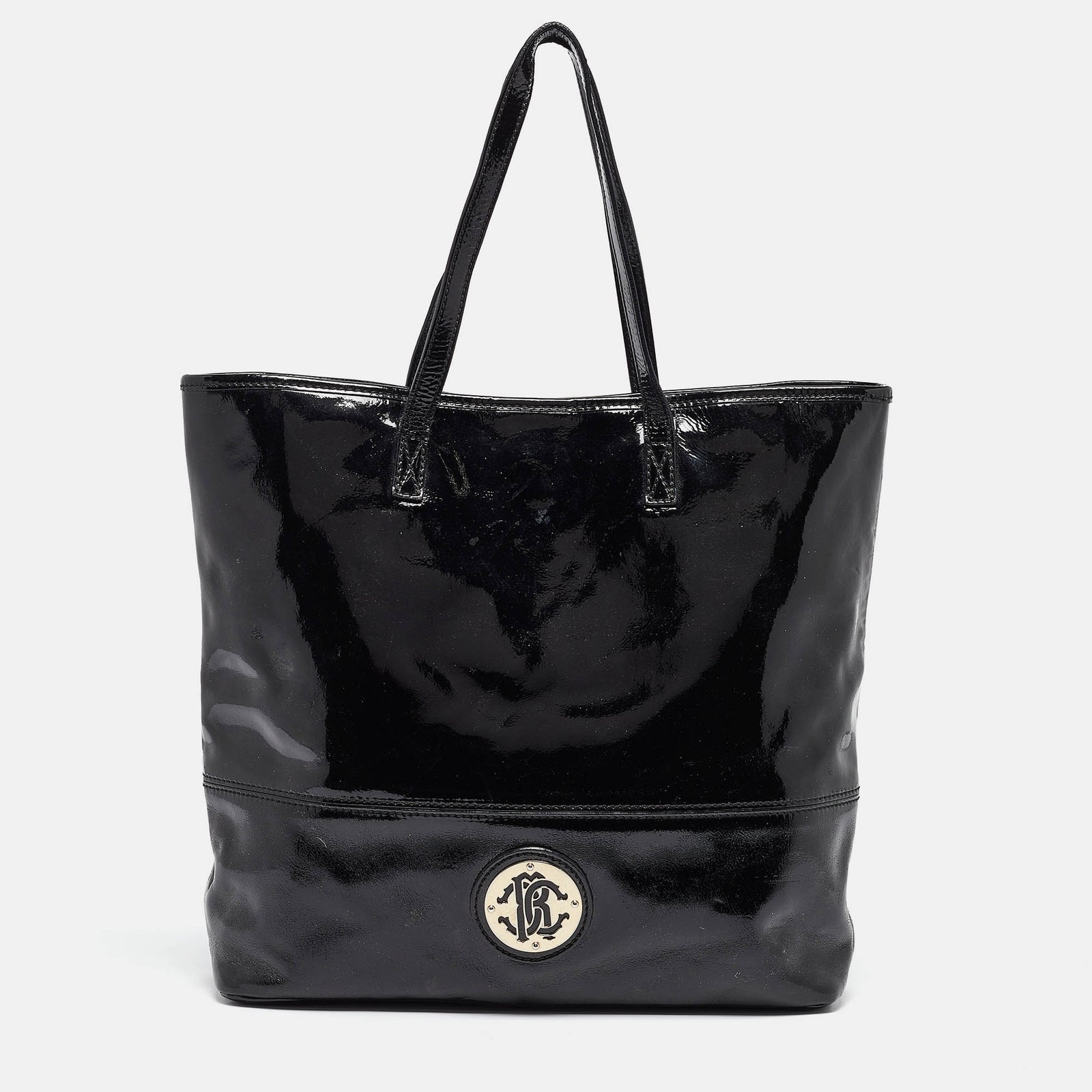 Roberto Cavalli Black Patent Leather Logo Tote