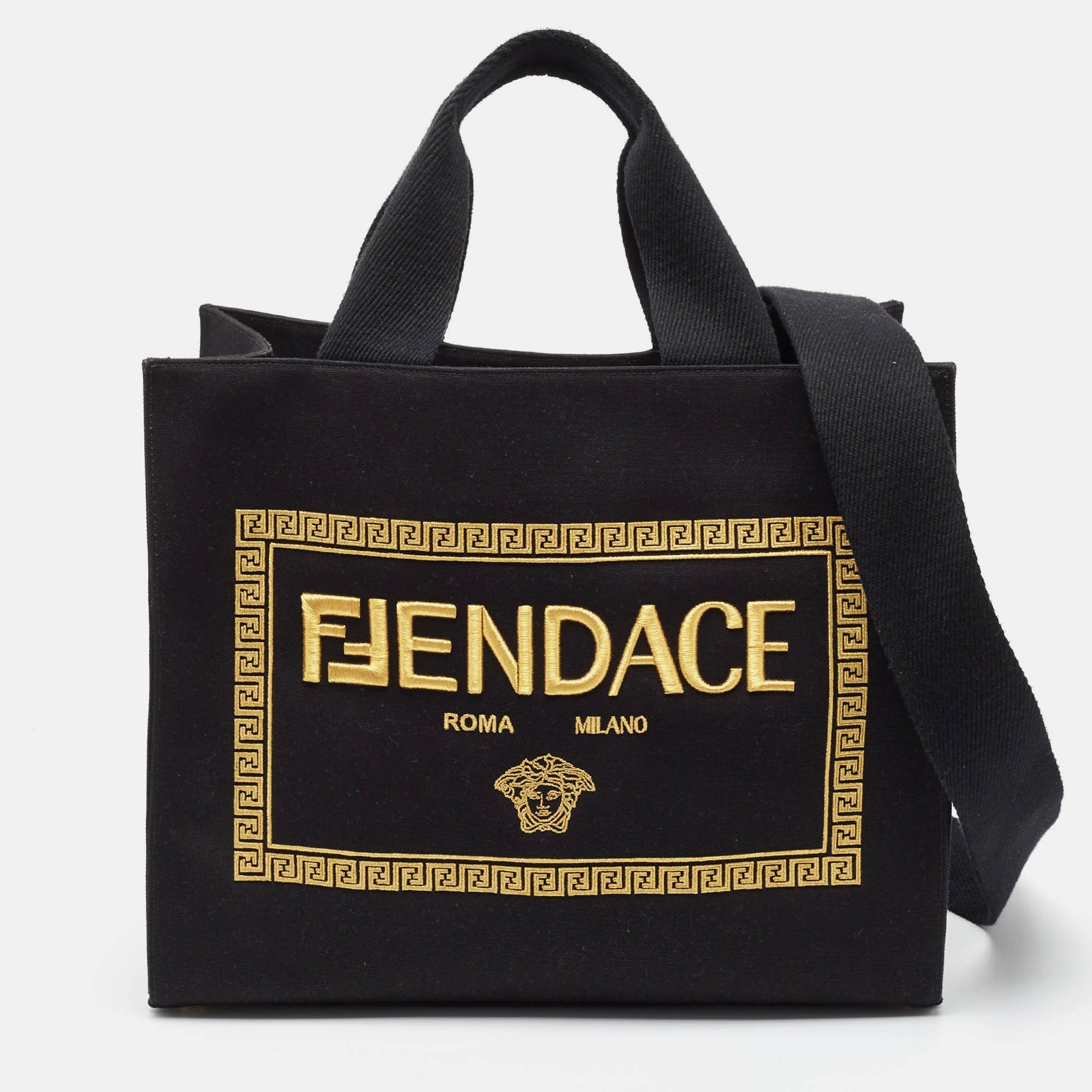 Fendi X Versace Black/Gold Embroidered Canvas Medium Fendace Shopping Tote