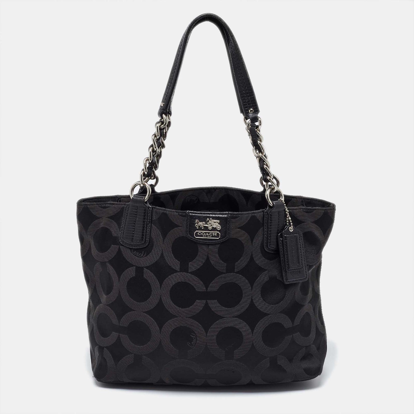 Coach Black Signature Canvas and Lizard Embossed Leather Mia Tote