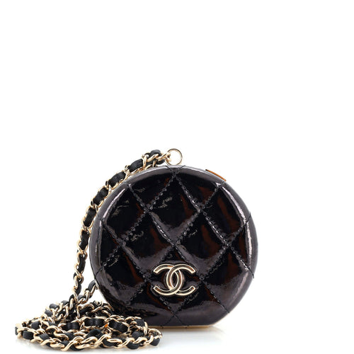 CHANEL Round Mirror Chain Necklace Purse Quilted Patent