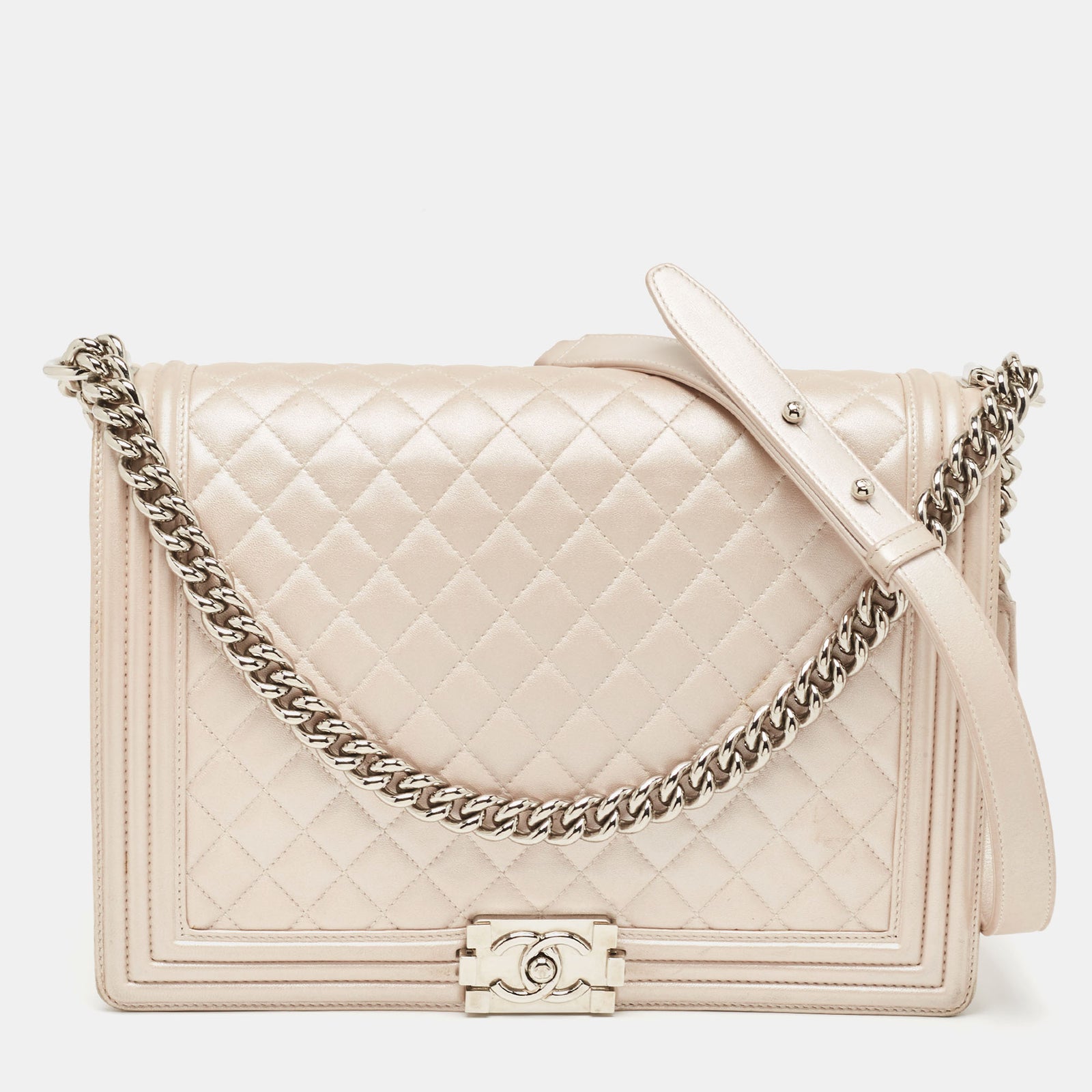 Chanel Pearl White Shimmer Quilted Leather Large Boy Flap Bag