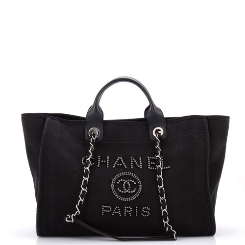 CHANEL Deauville Tote Pearl Embellished Canvas Medium