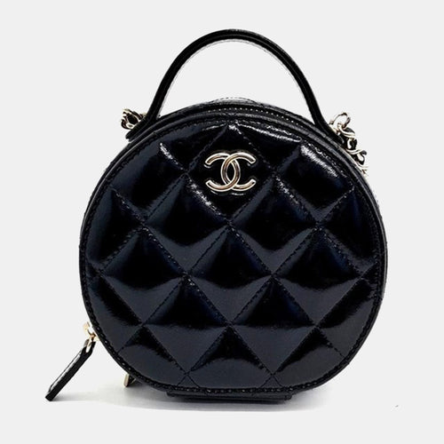 Black Shiny Leather Round Top Handle Bag