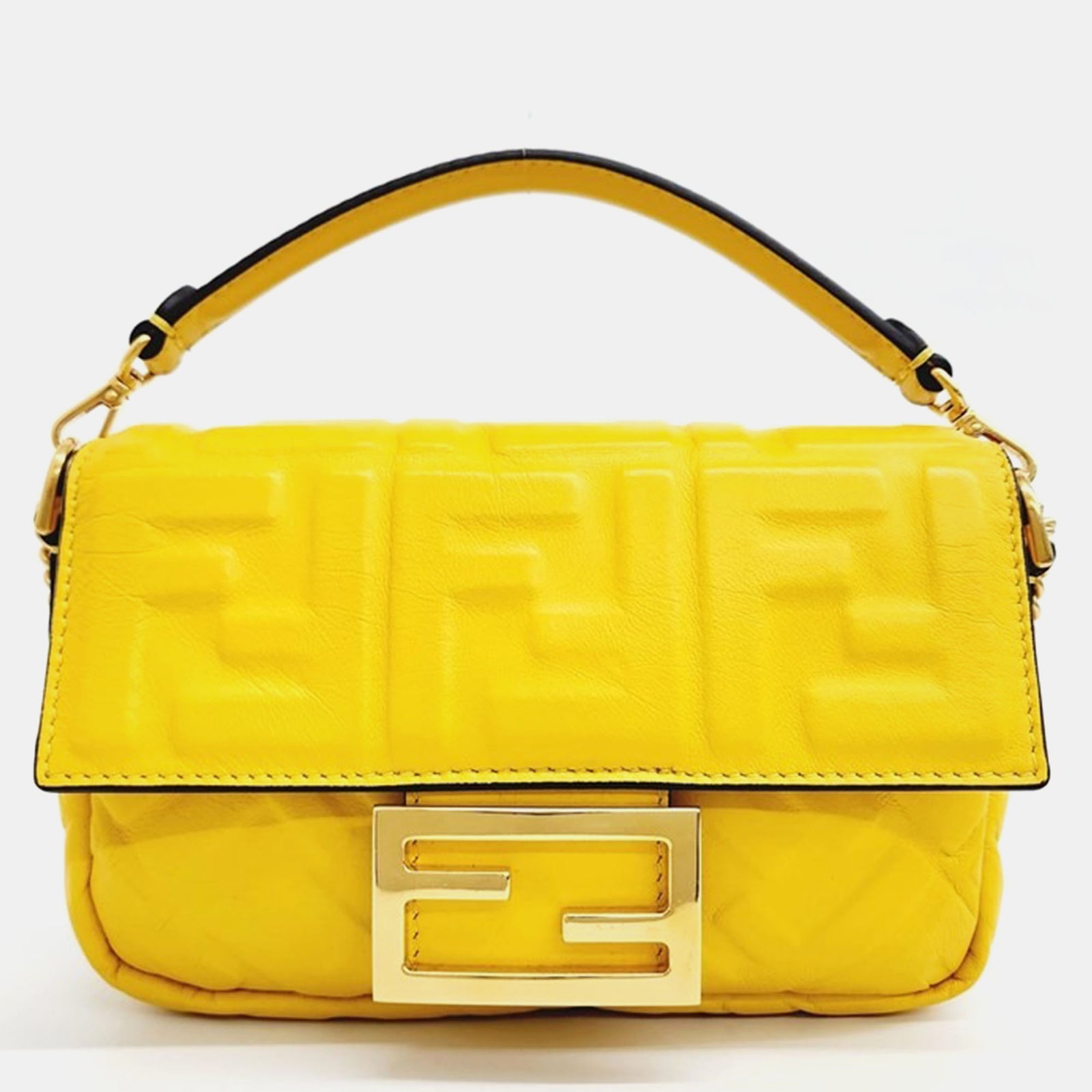 Fendi Yellow Zucca Embossed Leather Mini Baguette Bag