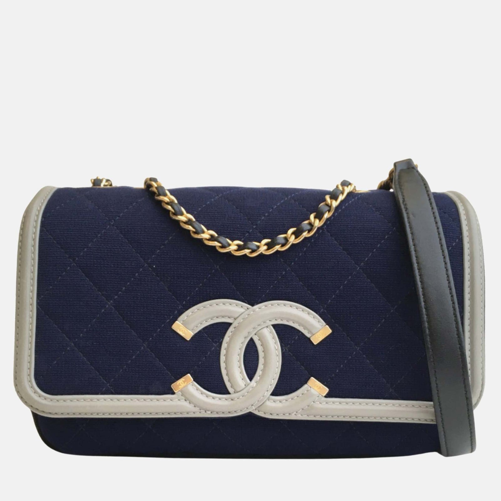 Chanel Navy/White Jersey Small Filigree Shoulder Bag