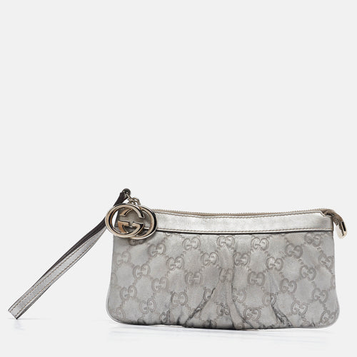 Silver Guccissima Leather Interlocking G Wristlet Pouch