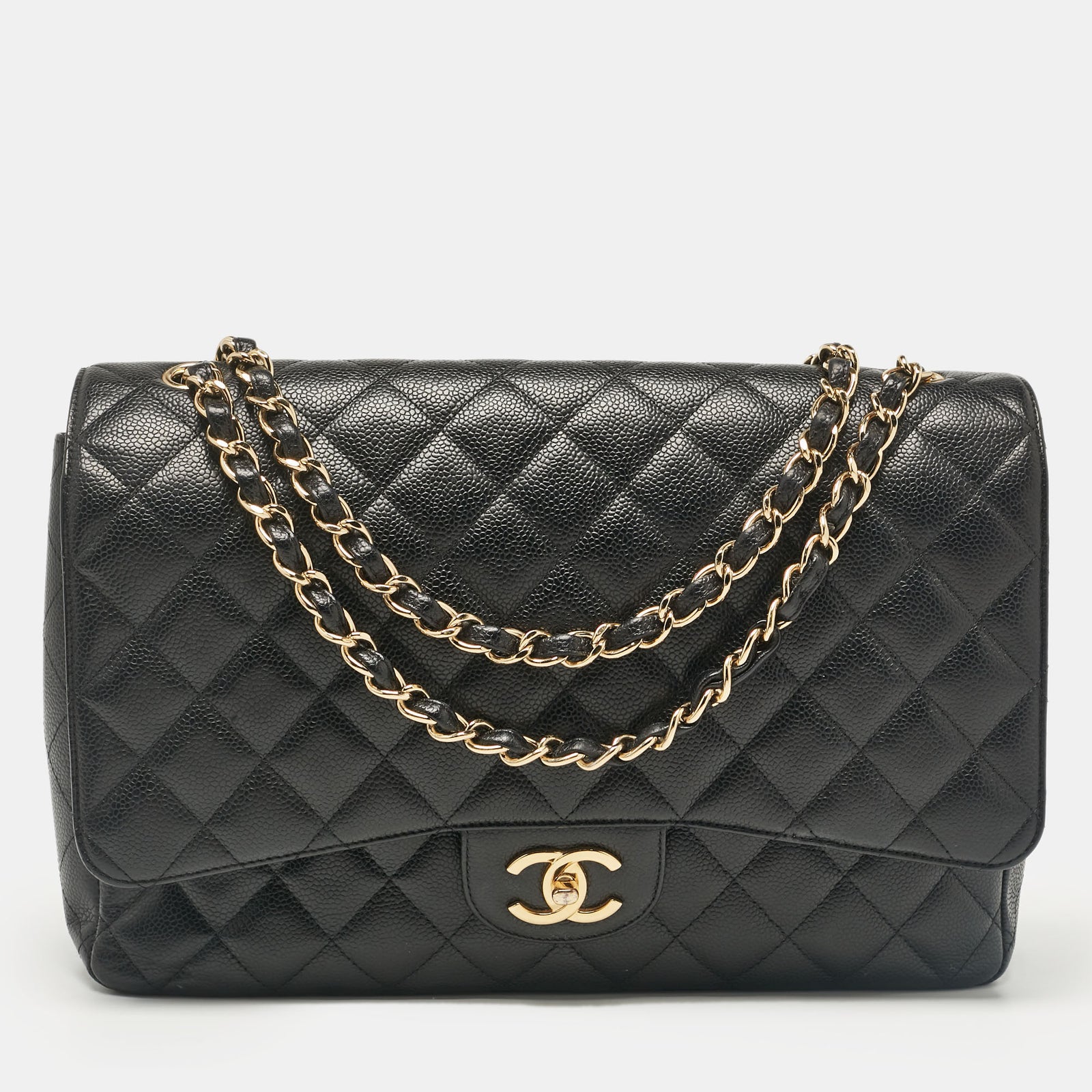 Chanel Schwarze Maxi-Klassiker-Tasche aus gestepptem Kaviarleder mit Doppelklappe