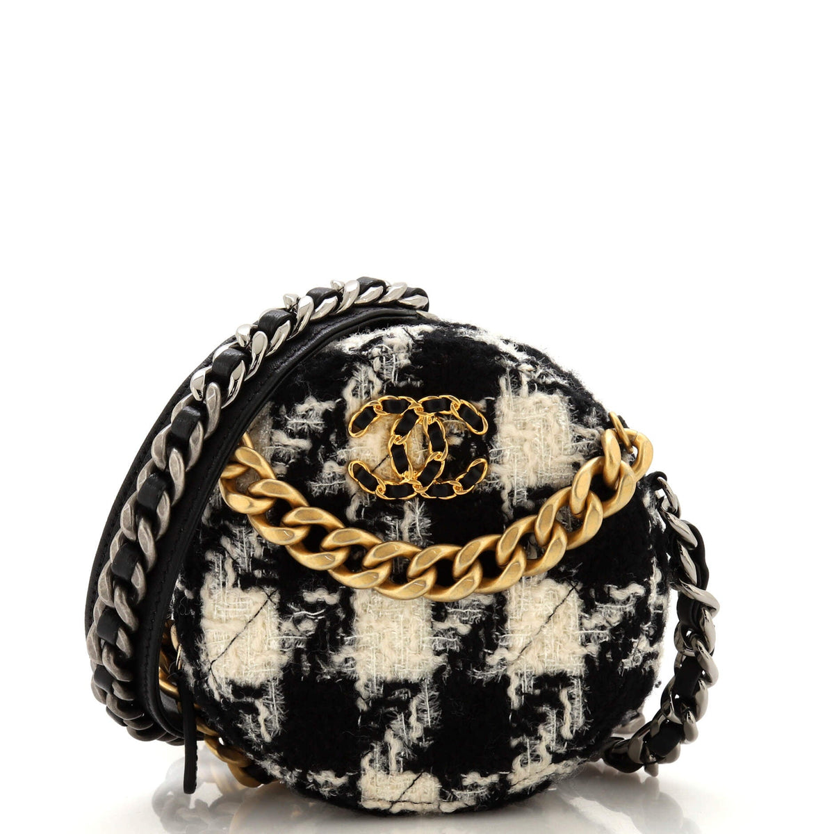 Chanel CHANEL 19 Round Clutch with Chain and Coin Purse Quilted Tweed and Lambskin