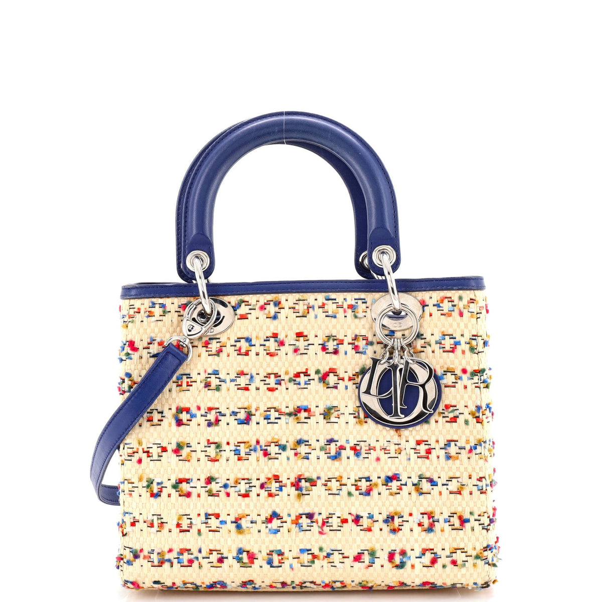 Christian Dior Lady Dior Bag Woven Raffia with Tweed and Leather Medium