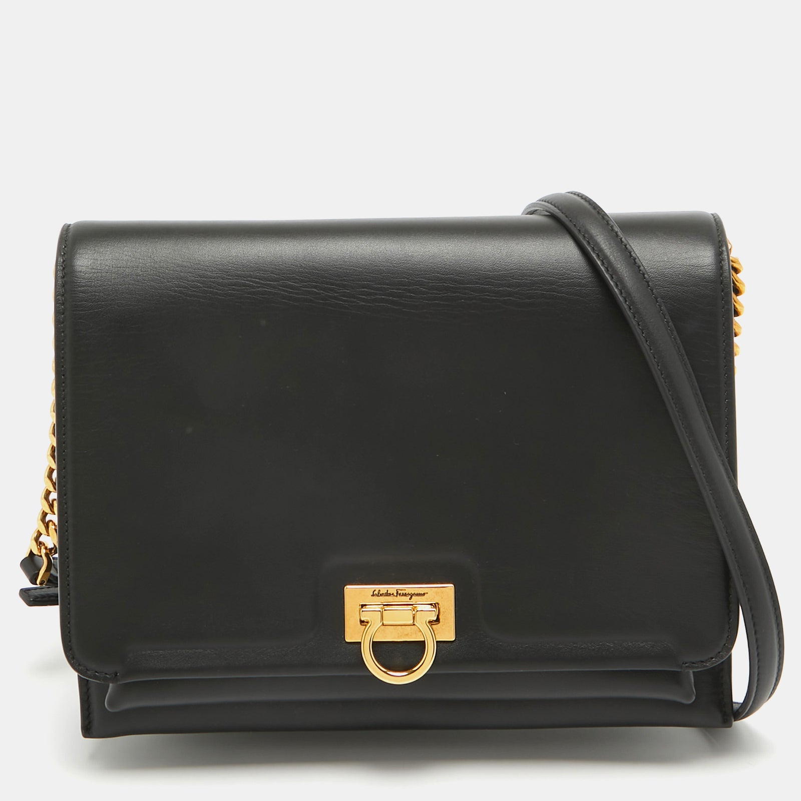 Salvatore Ferragamo Black Leather Trifolio Flap Shoulder Bag