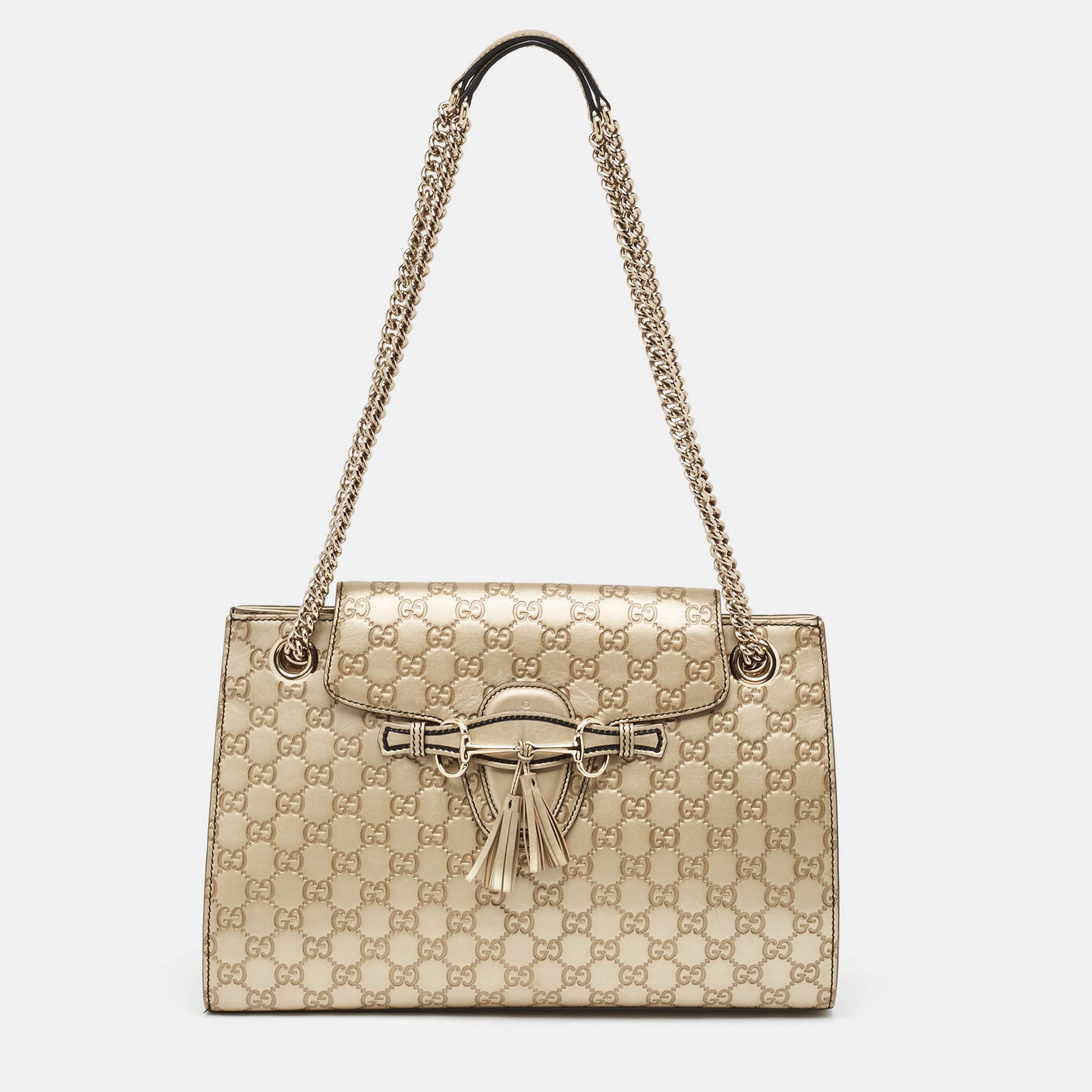 Gucci Grand sac à bandoulière en cuir doré Guccissima avec chaîne Emily