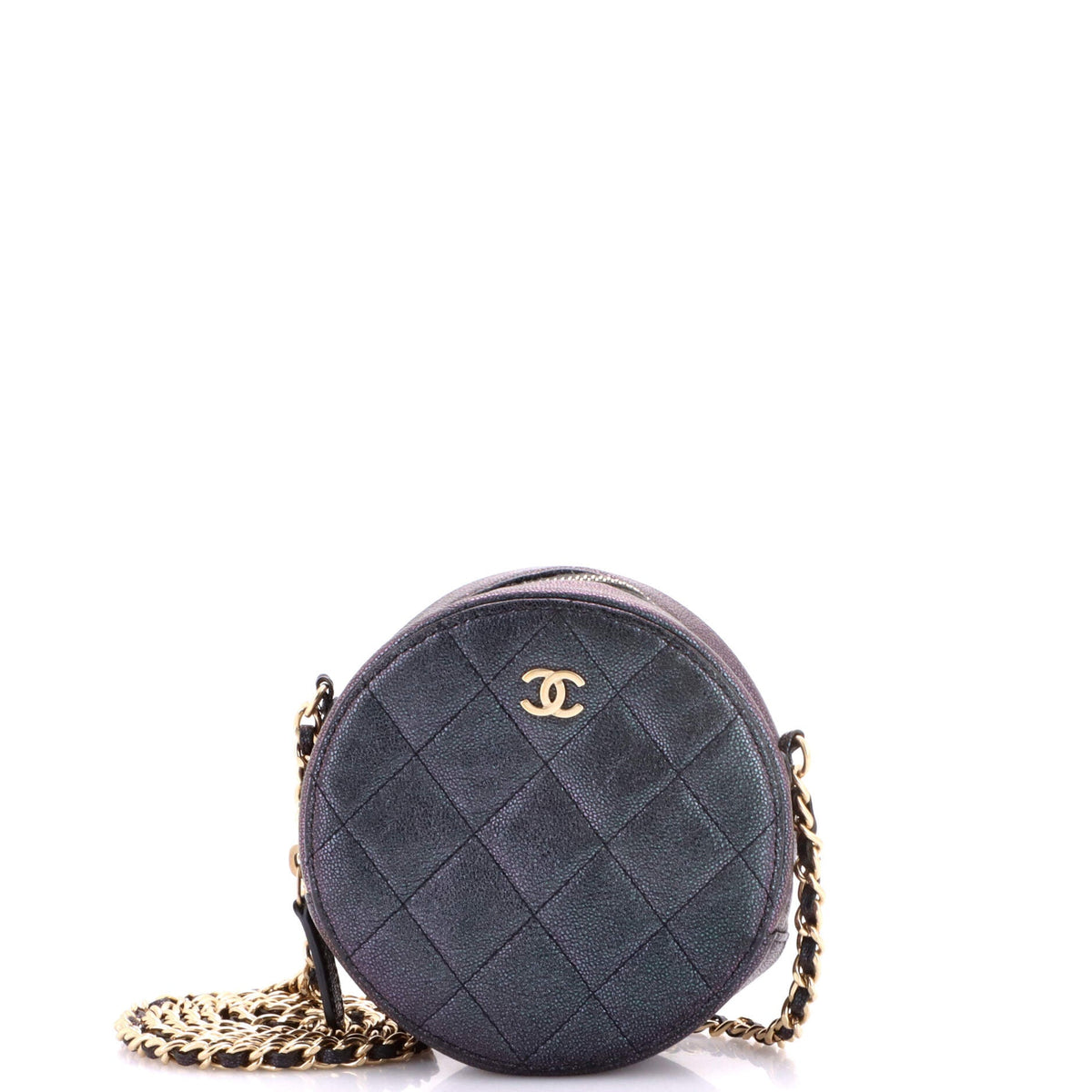 Chanel CHANEL Round Clutch with Chain Quilted Iridescent Caviar Mini