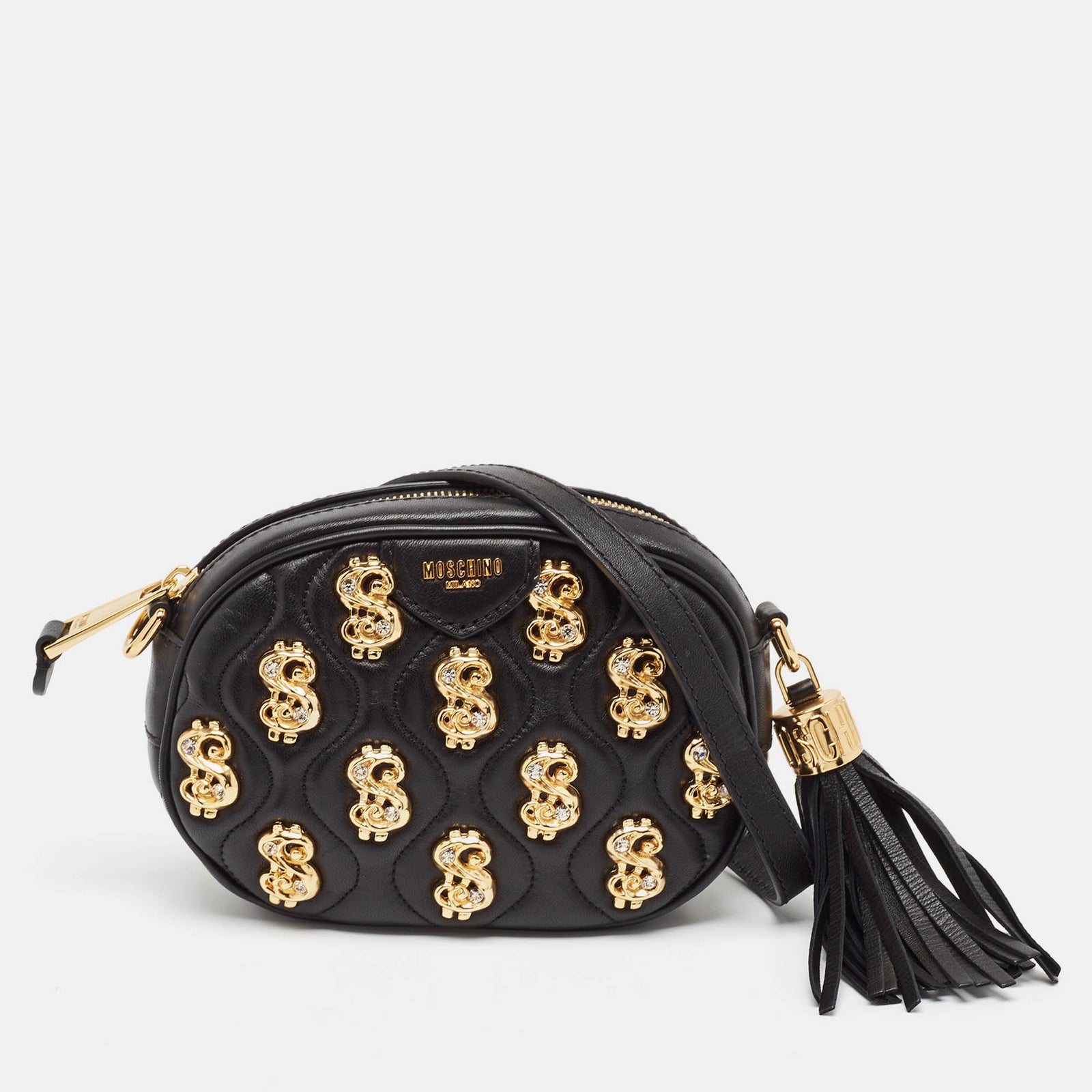 Moschino Sac bandoulière en cuir noir avec clous en forme de dollar