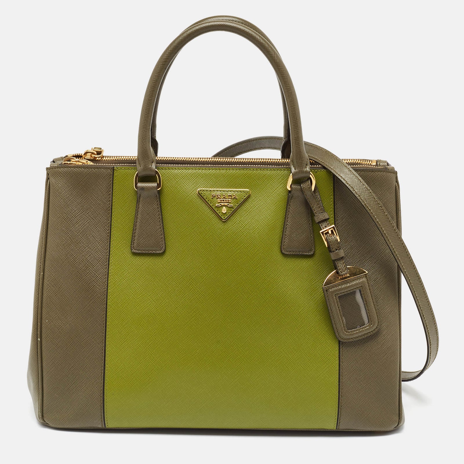 Prada Two Tone Green Saffiano Lux Leather Medium Double Zip Tote