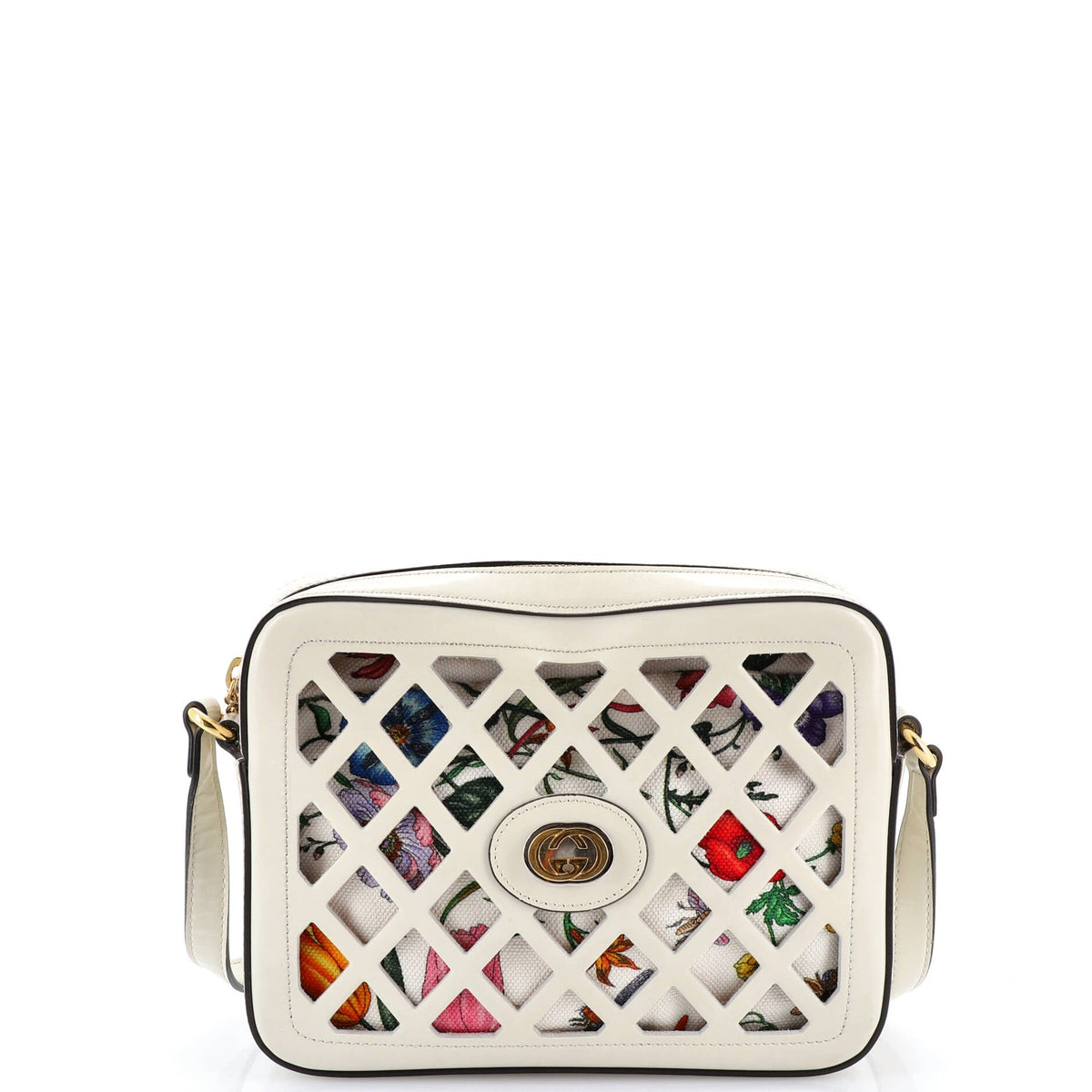 Gucci GUCCI Camera Crossbody Bag Cutout Leather with Flora Canvas Small