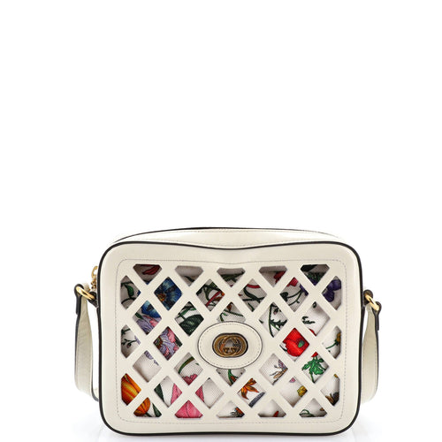 GUCCI Camera Crossbody Bag Cutout Leather with Flora Canvas Small