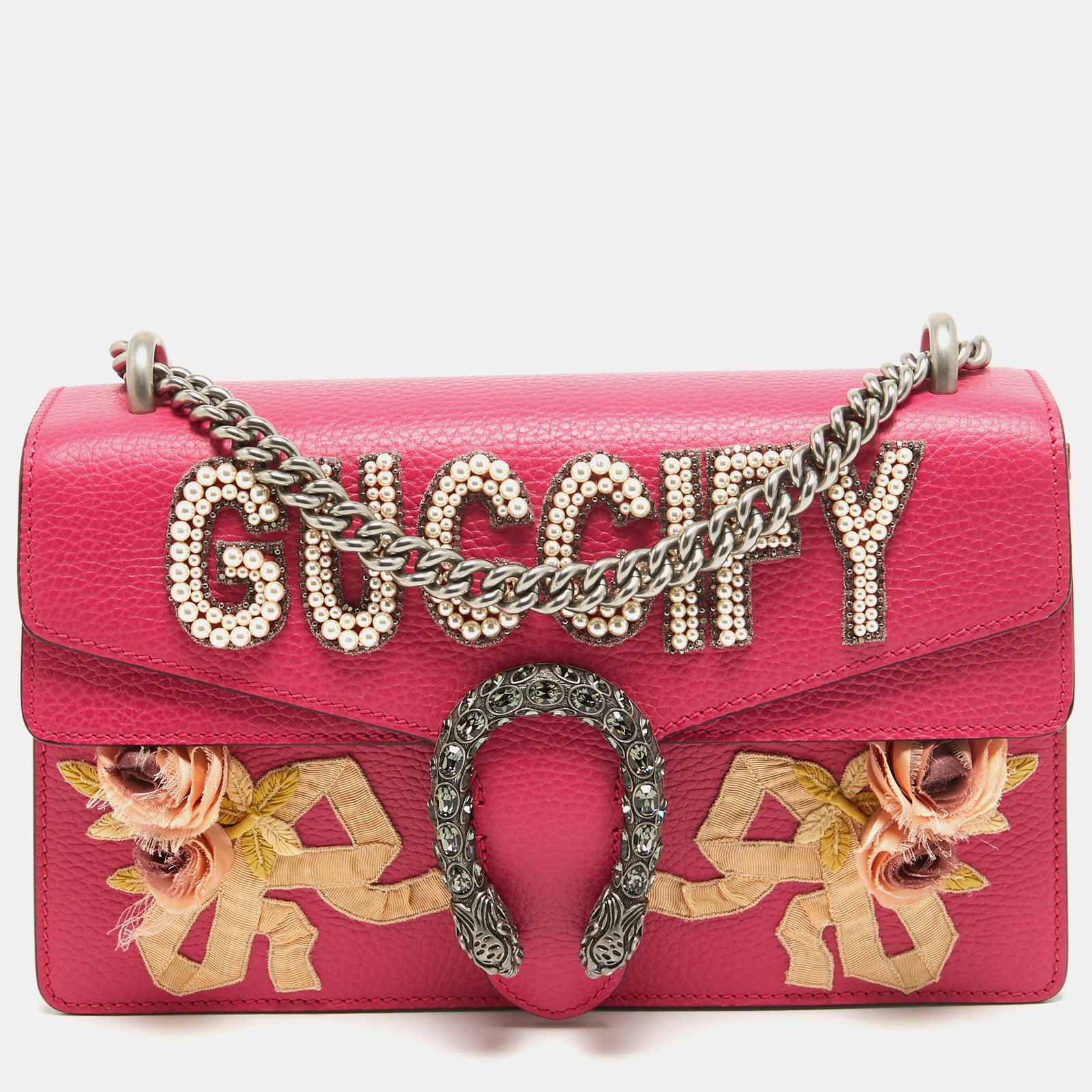 Gucci Magenta Leather Small Guccify Pearl Embellished Dionysus Shoulder Bag