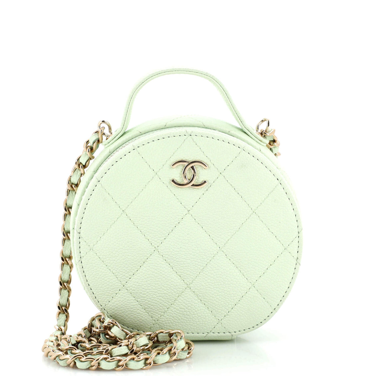 Chanel CHANEL Handle with Care Round Vanity Case with Chain Quilted Caviar Small