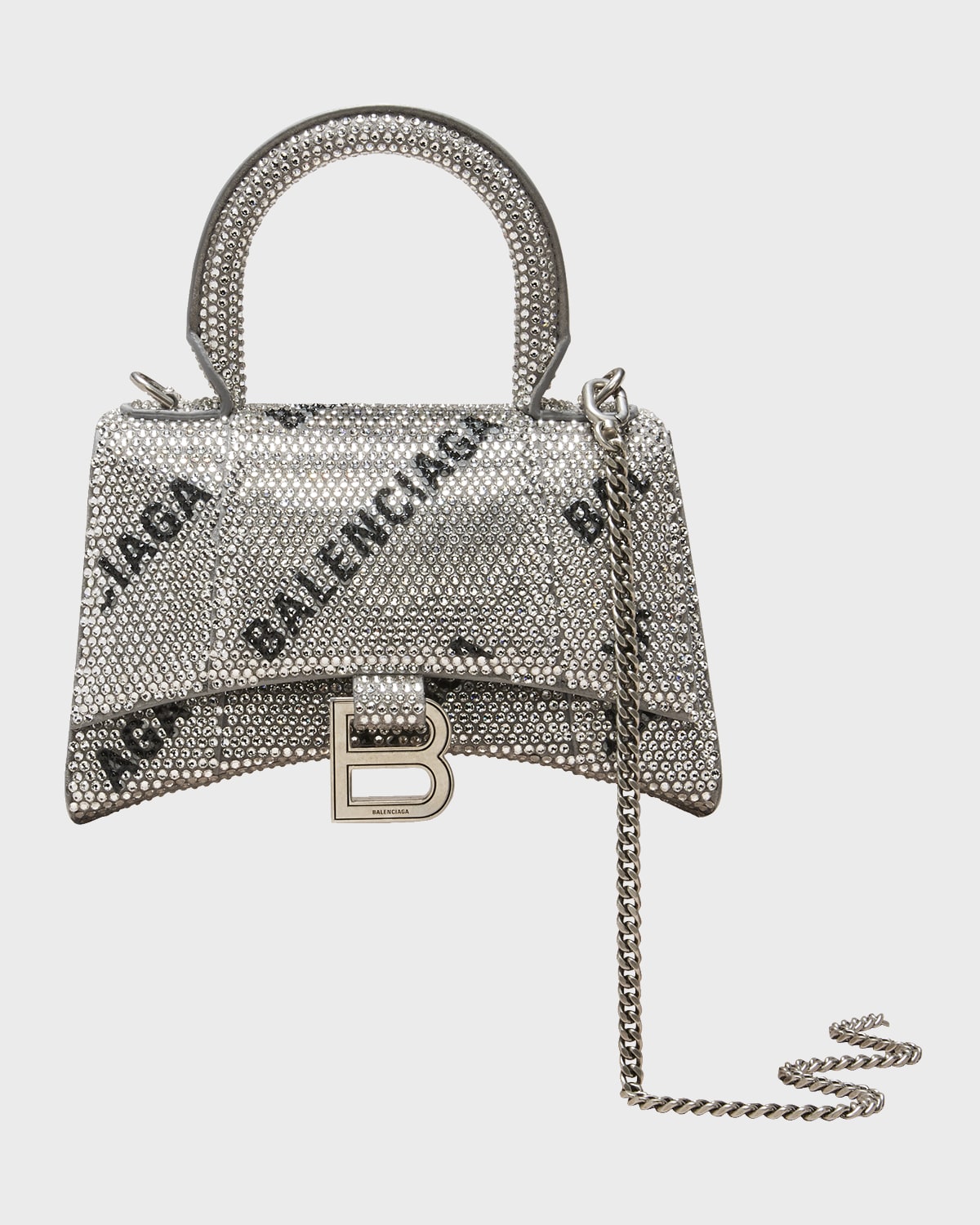 Balenciaga Hourglass XS Bag with Chain and Allover Logo Rhinestones