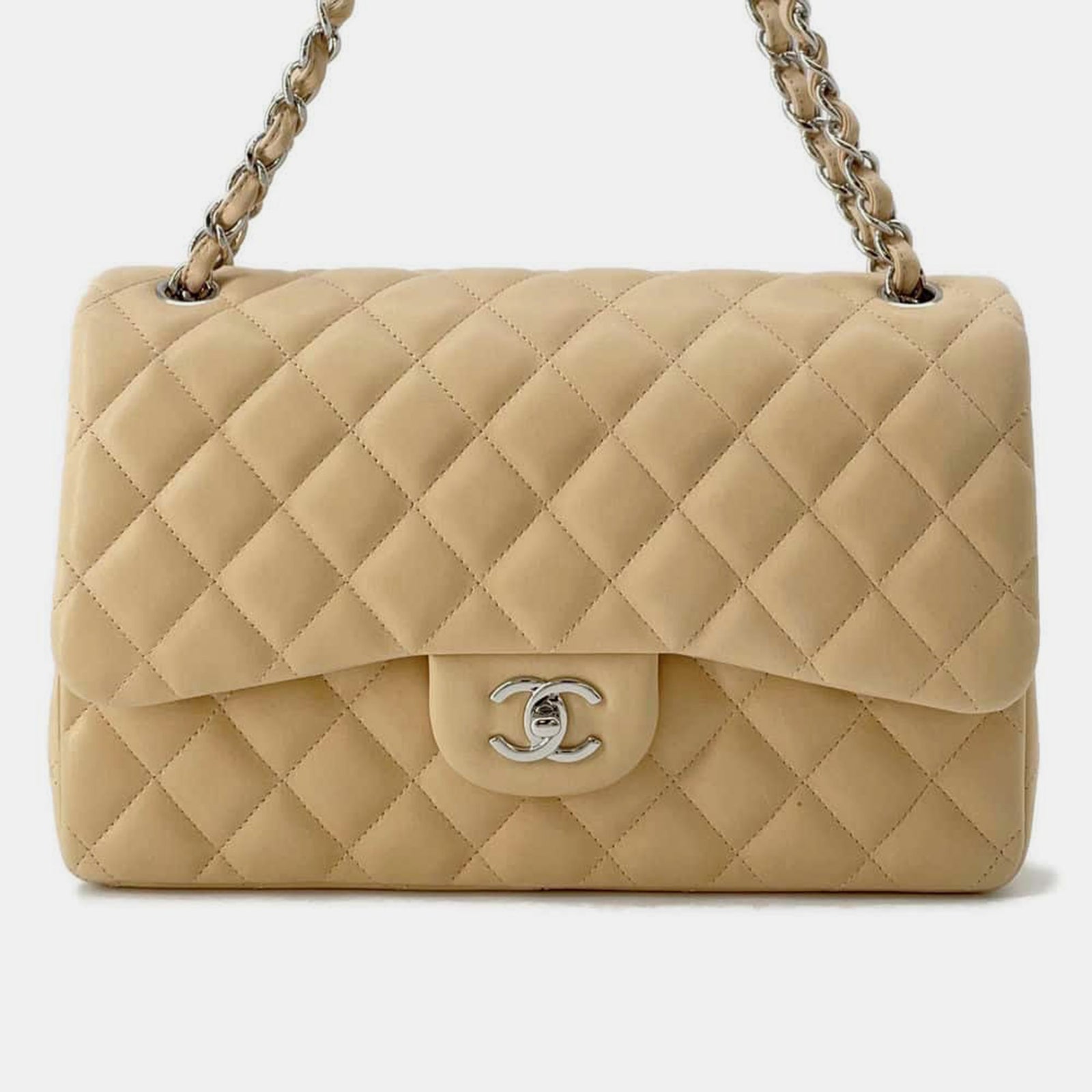 Chanel Sac à bandoulière à double rabat classique en cuir beige Jumbo