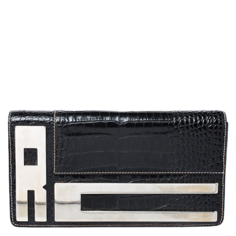 Roberto Cavalli Black Crocodile Embossed Leather Logo Chain Clutch