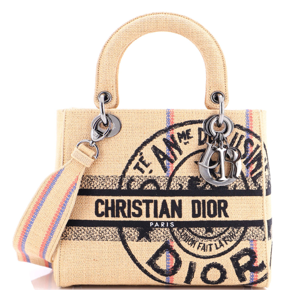 Christian Dior Lady D-Lite Bag Embroidered Jute Canvas Medium