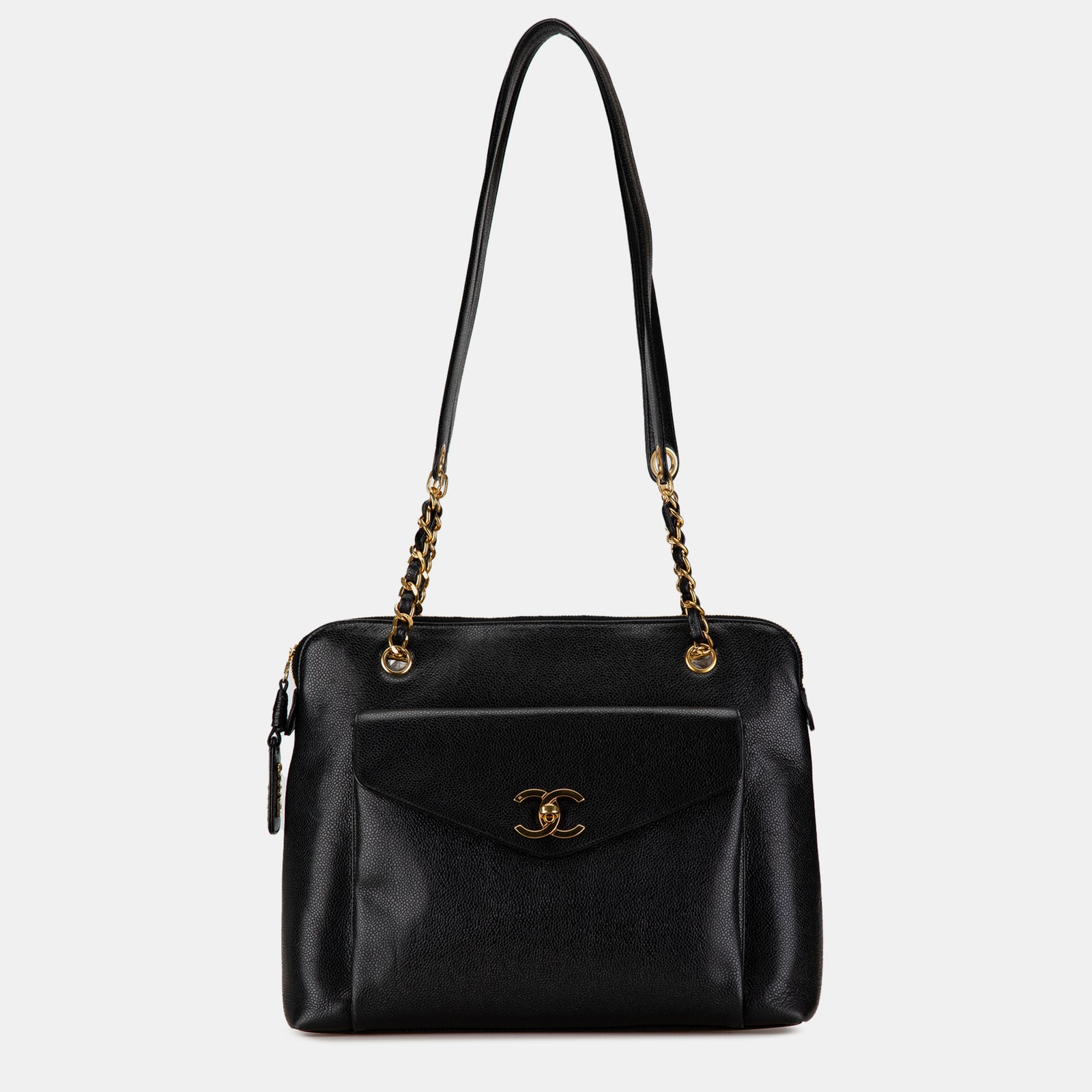 Chanel Sac fourre-tout en cuir caviar noir avec poche avant et chaîne