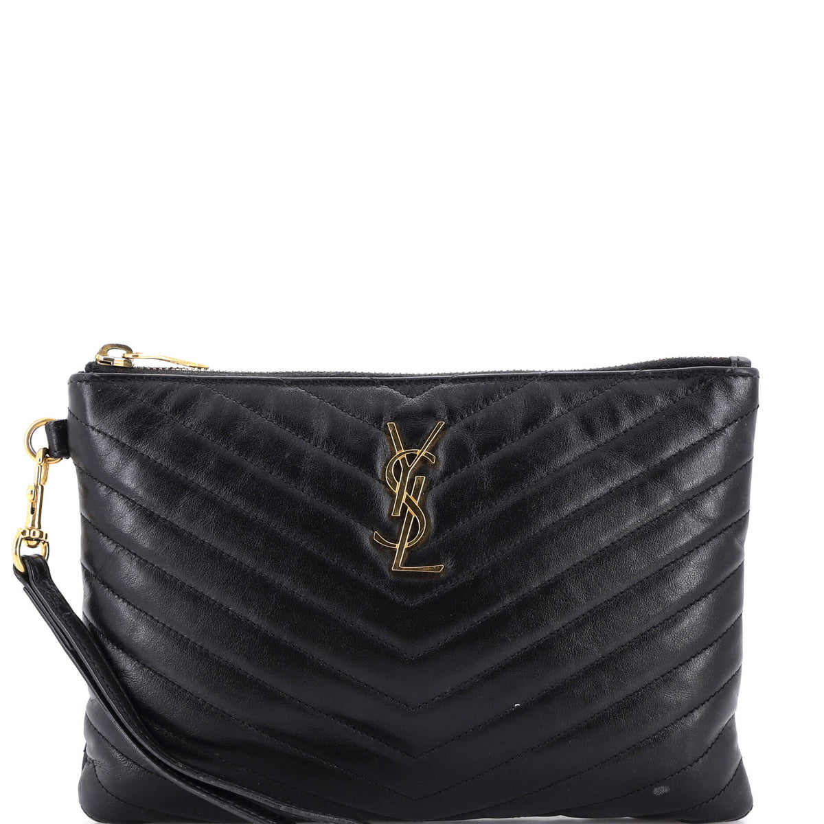 Saint Laurent Classic Monogram Wristlet Pouch Matelasse Chevron Leather Small